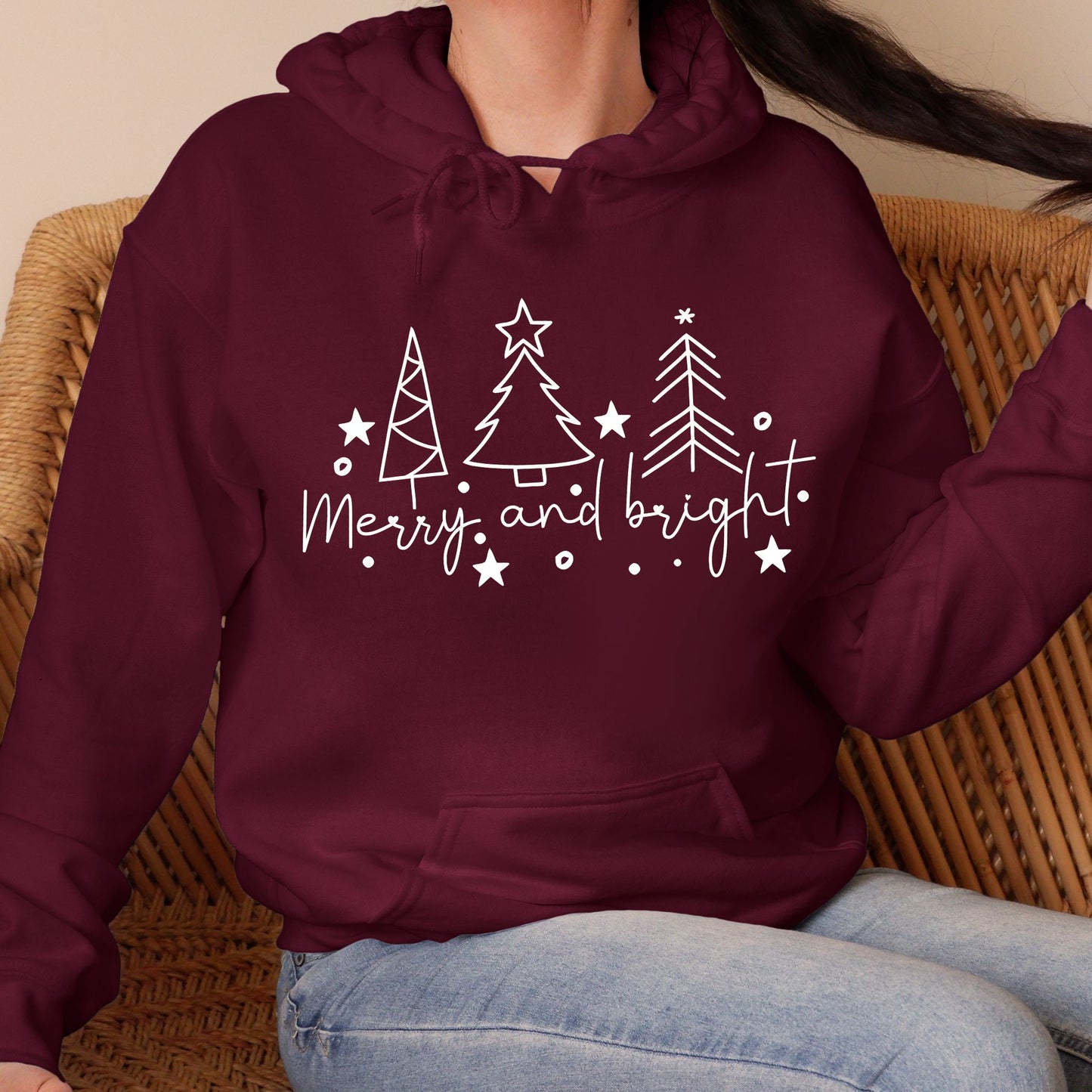 Christmas Tree Line Drawing Hoodie Merry and Bright Sweatshirt Christmas Shirt Festive Holiday Hoodie