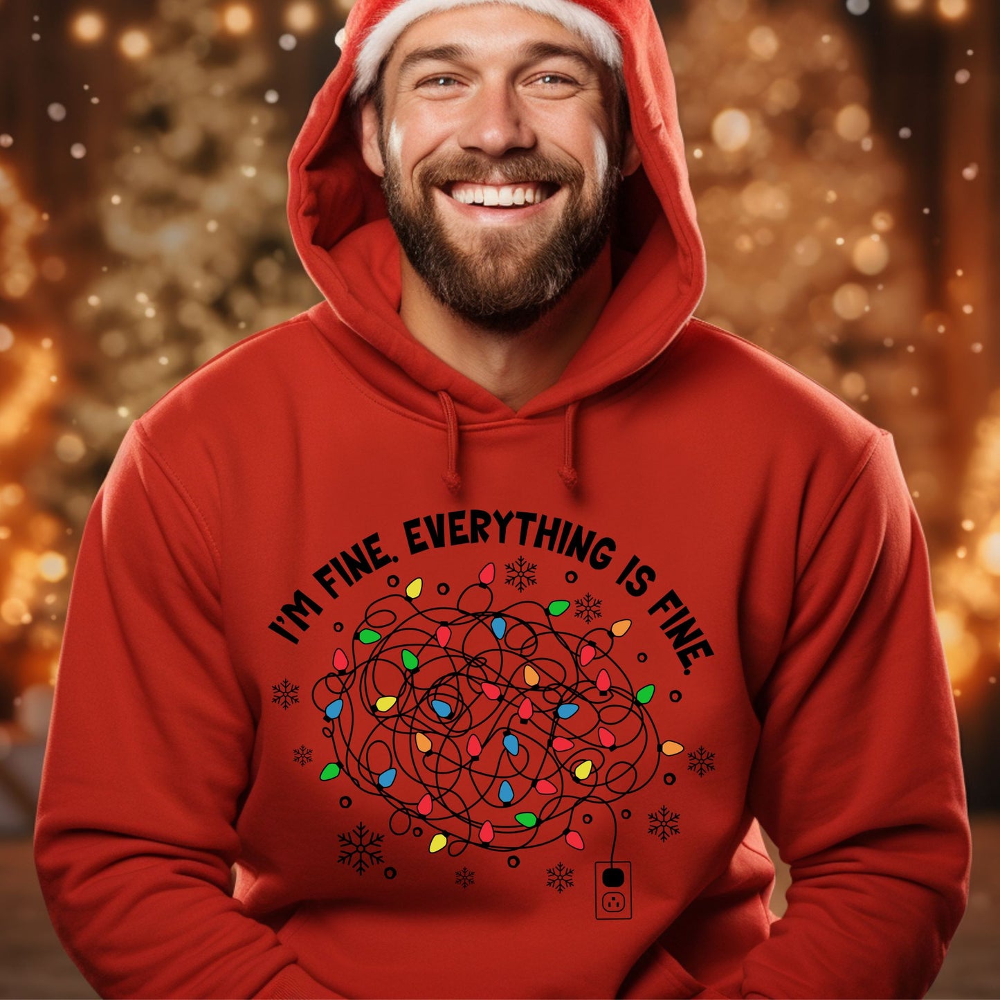 I'm Fine Christmas HoodieTangled Lights Design Funny Christmas Hoodie Festive Holiday Sweatshirt