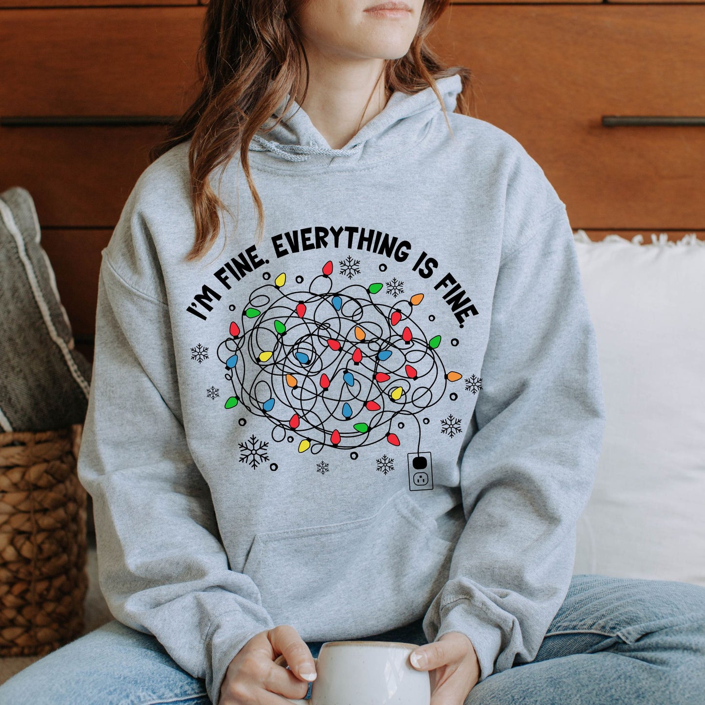 I'm Fine Christmas HoodieTangled Lights Design Funny Christmas Hoodie Festive Holiday Sweatshirt