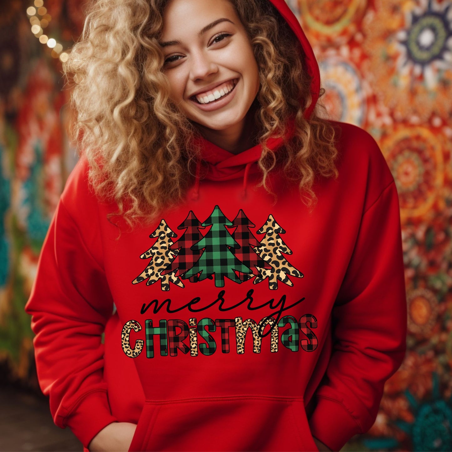 Merry Christmas Hoodie Buffalo Plaid & Leopard Print Christmas Sweatshirt Graphic Shirt