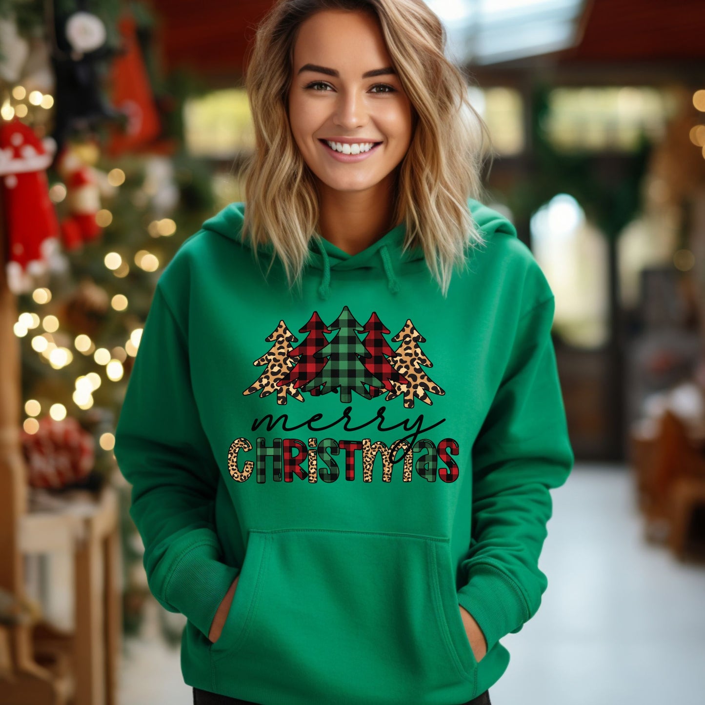 Merry Christmas Hoodie Buffalo Plaid & Leopard Print Christmas Sweatshirt Graphic Shirt