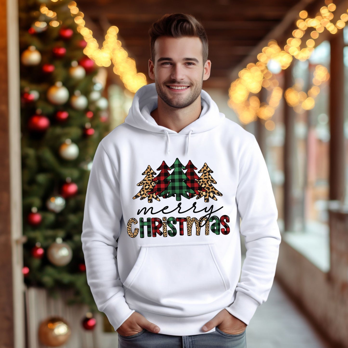 Merry Christmas Hoodie Buffalo Plaid & Leopard Print Christmas Sweatshirt Graphic Shirt
