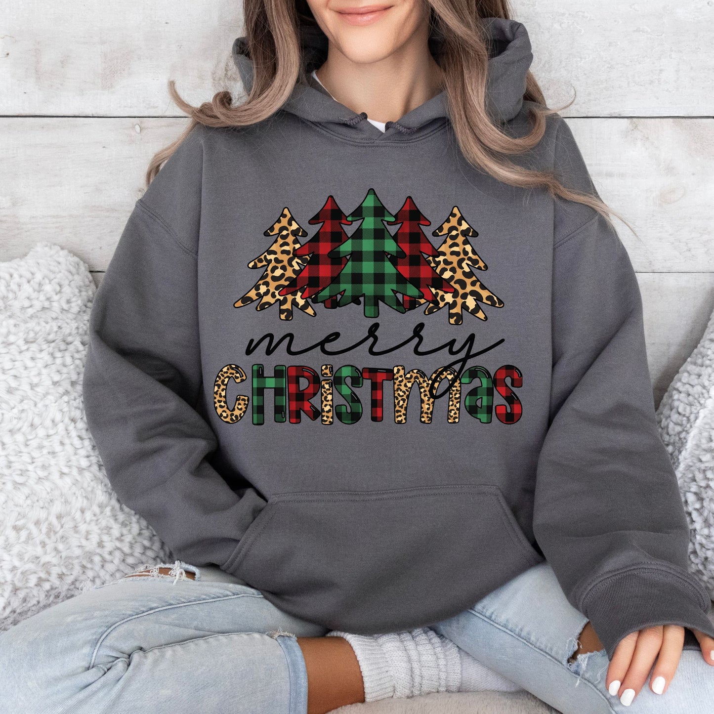 Merry Christmas Hoodie Buffalo Plaid & Leopard Print Christmas Sweatshirt Graphic Shirt