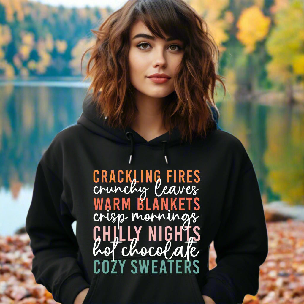 Cozy Fall Vibes Hoodie Autumn Text Graphic Sweatshirt Fall Lovers Shirt Crackling Fires and Cozy Sweaters Hoodie Fall Lover Gift