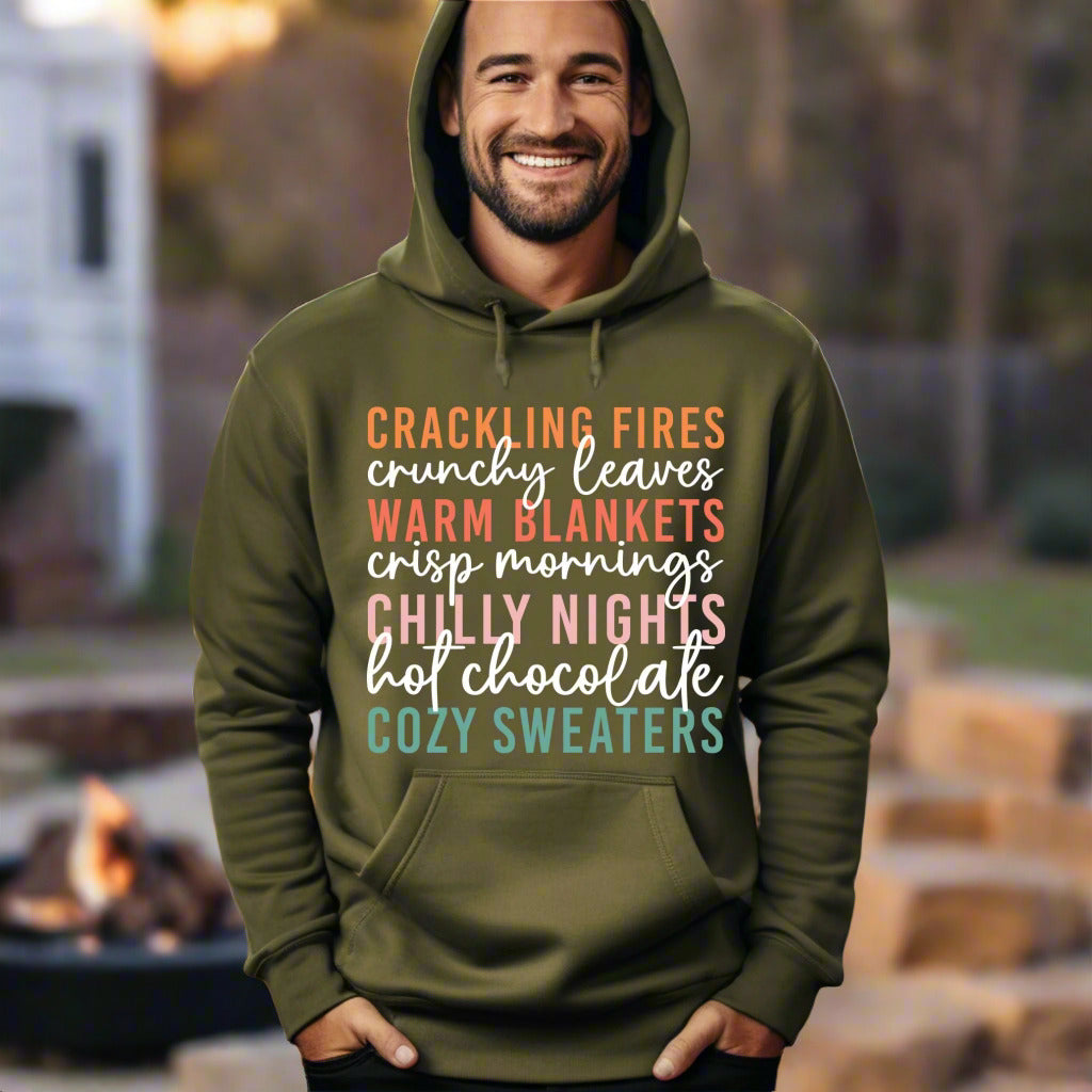Cozy Fall Vibes Hoodie Autumn Text Graphic Sweatshirt Fall Lovers Shirt Crackling Fires and Cozy Sweaters Hoodie Fall Lover Gift