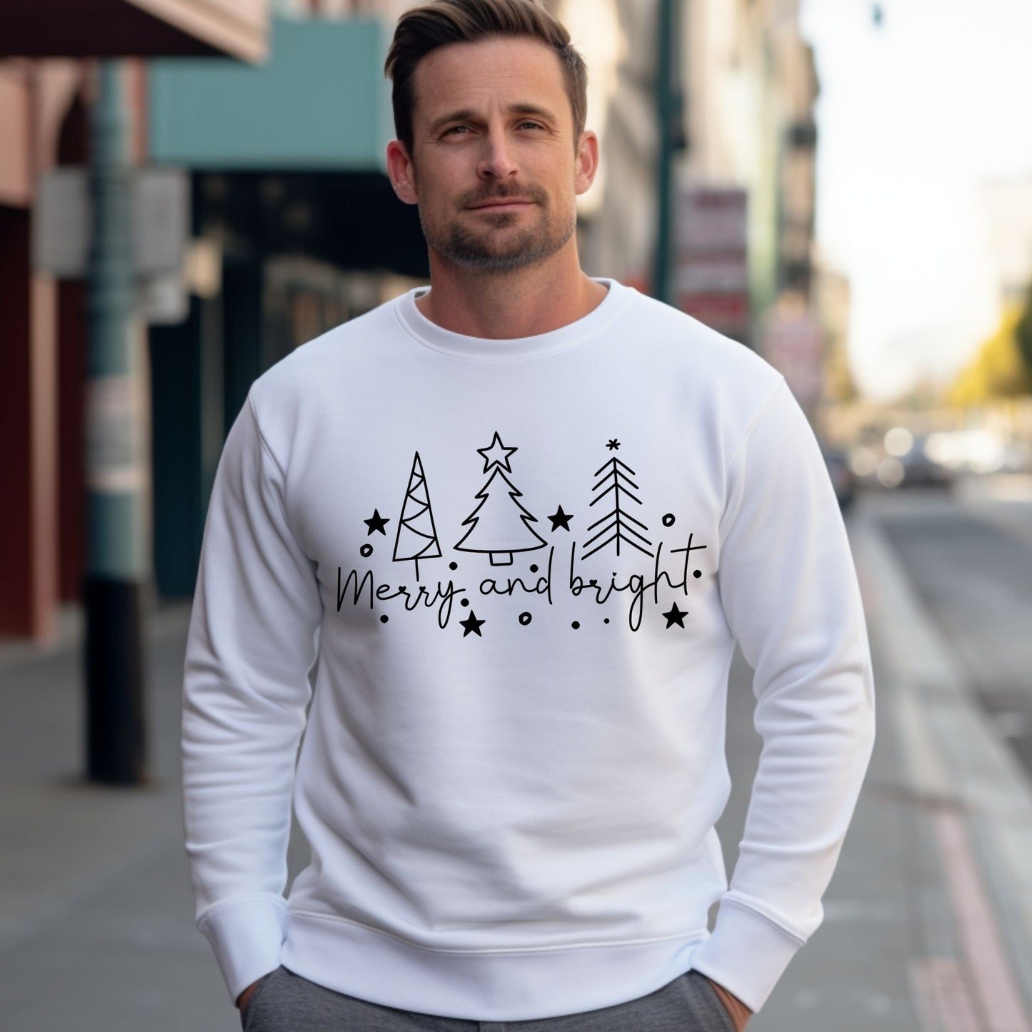 Christmas Tree Line Drawing Sweatshirt Merry and Bright Shirt Christmas Shirt Festive Holiday Sweatshirt