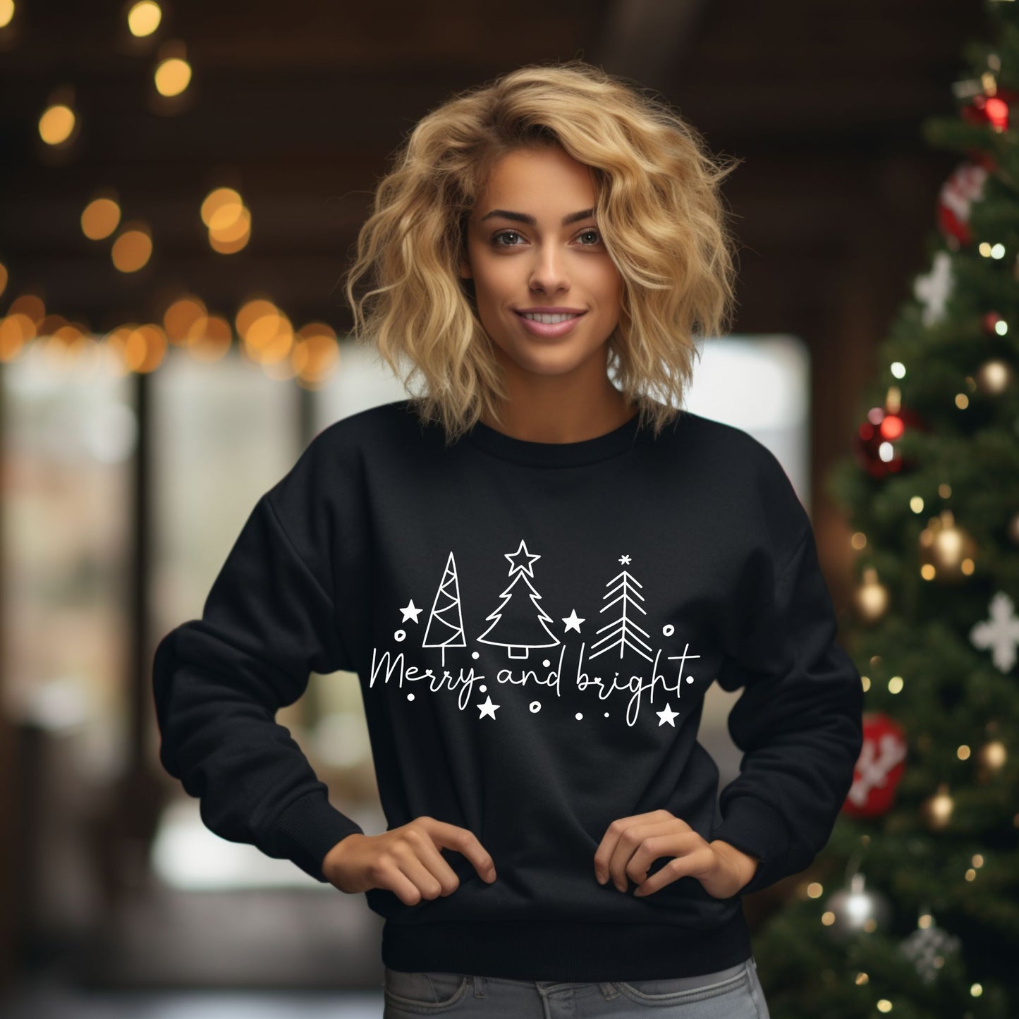 Christmas Tree Line Drawing Sweatshirt Merry and Bright Shirt Christmas Shirt Festive Holiday Sweatshirt