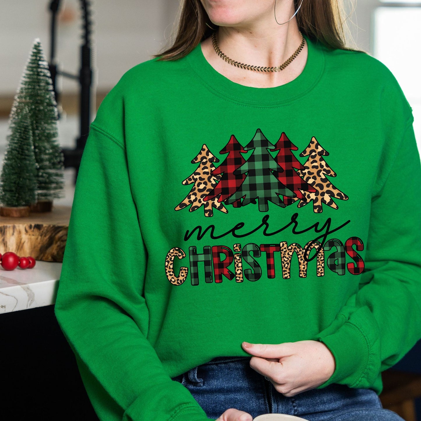 Merry Christmas Sweatshirt Buffalo Plaid & Leopard Print Christmas Shirt Holiday Graphic Sweatshirt