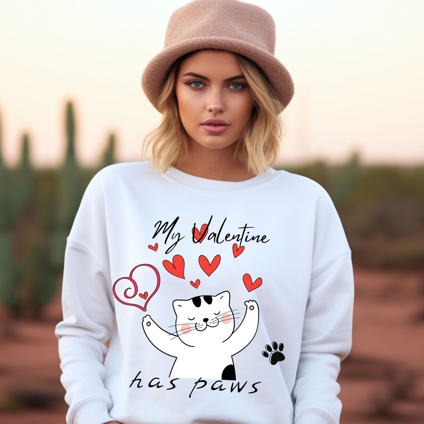 My Valentine Has Paws Cat Sweatshirt Cute Cat Love Shirt Valentine’s Day Kitty with Hearts Sweatshirt