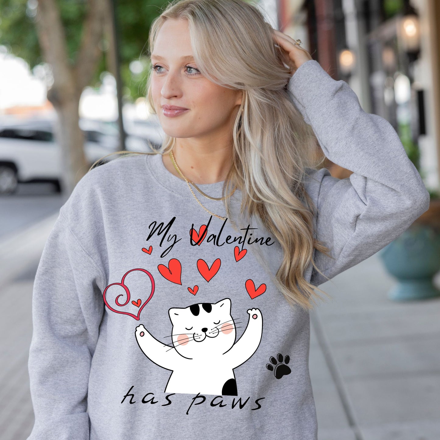 My Valentine Has Paws Cat Sweatshirt Cute Cat Love Shirt Valentine’s Day Kitty with Hearts Sweatshirt