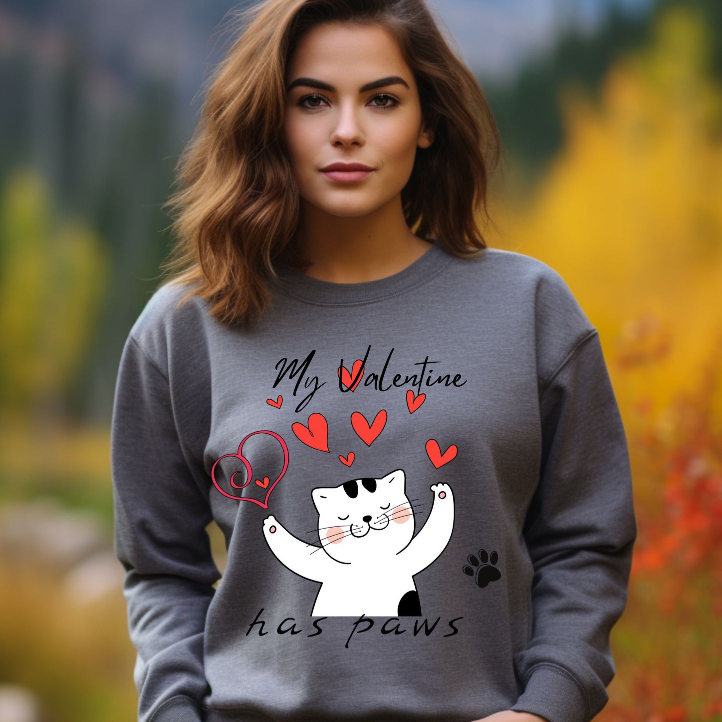 My Valentine Has Paws Cat Sweatshirt Cute Cat Love Shirt Valentine’s Day Kitty with Hearts Sweatshirt