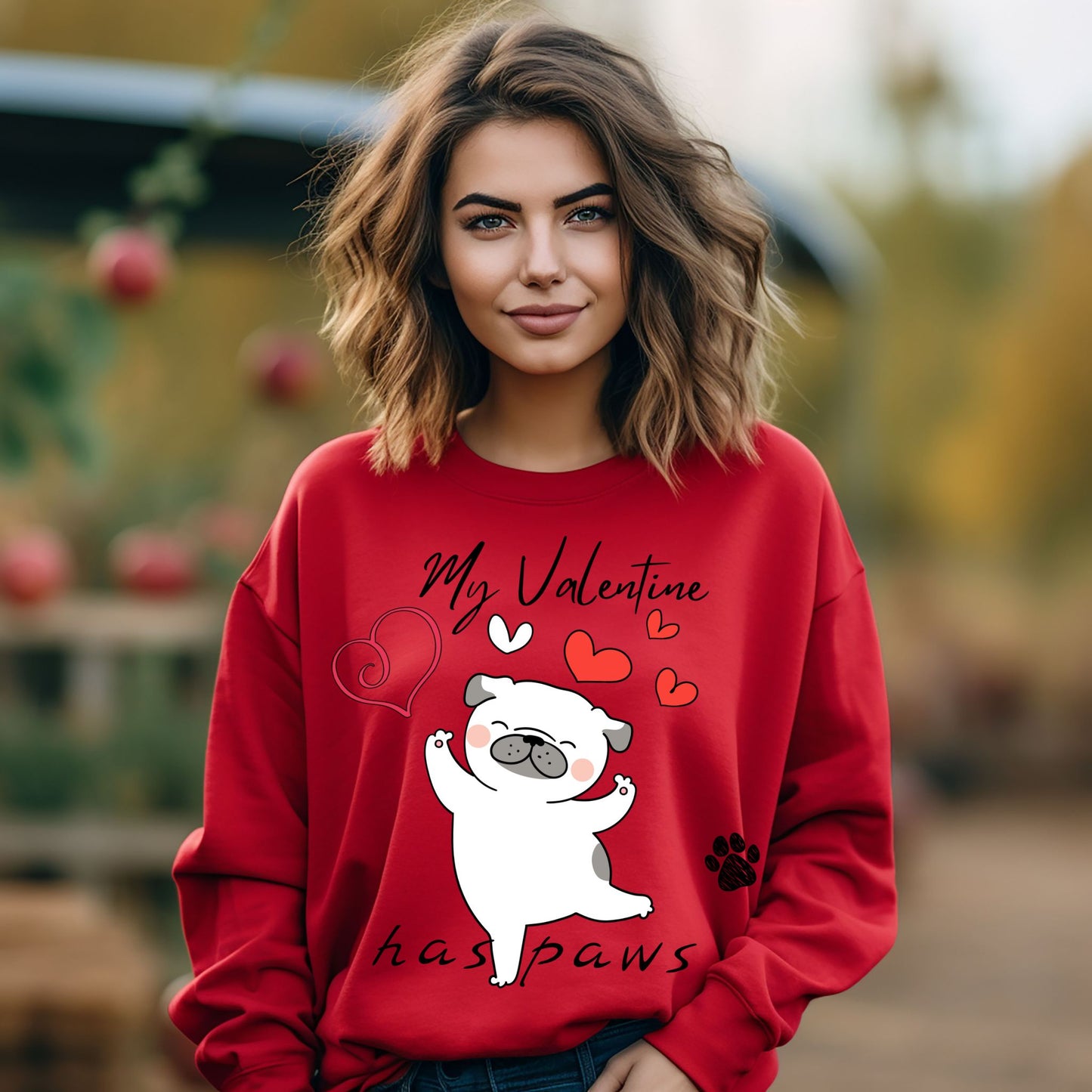 My Valentine Has Paws Dog Sweatshirt Cute Dog Love Shirt Valentine’s Day Puppy with Hearts Sweatshirt