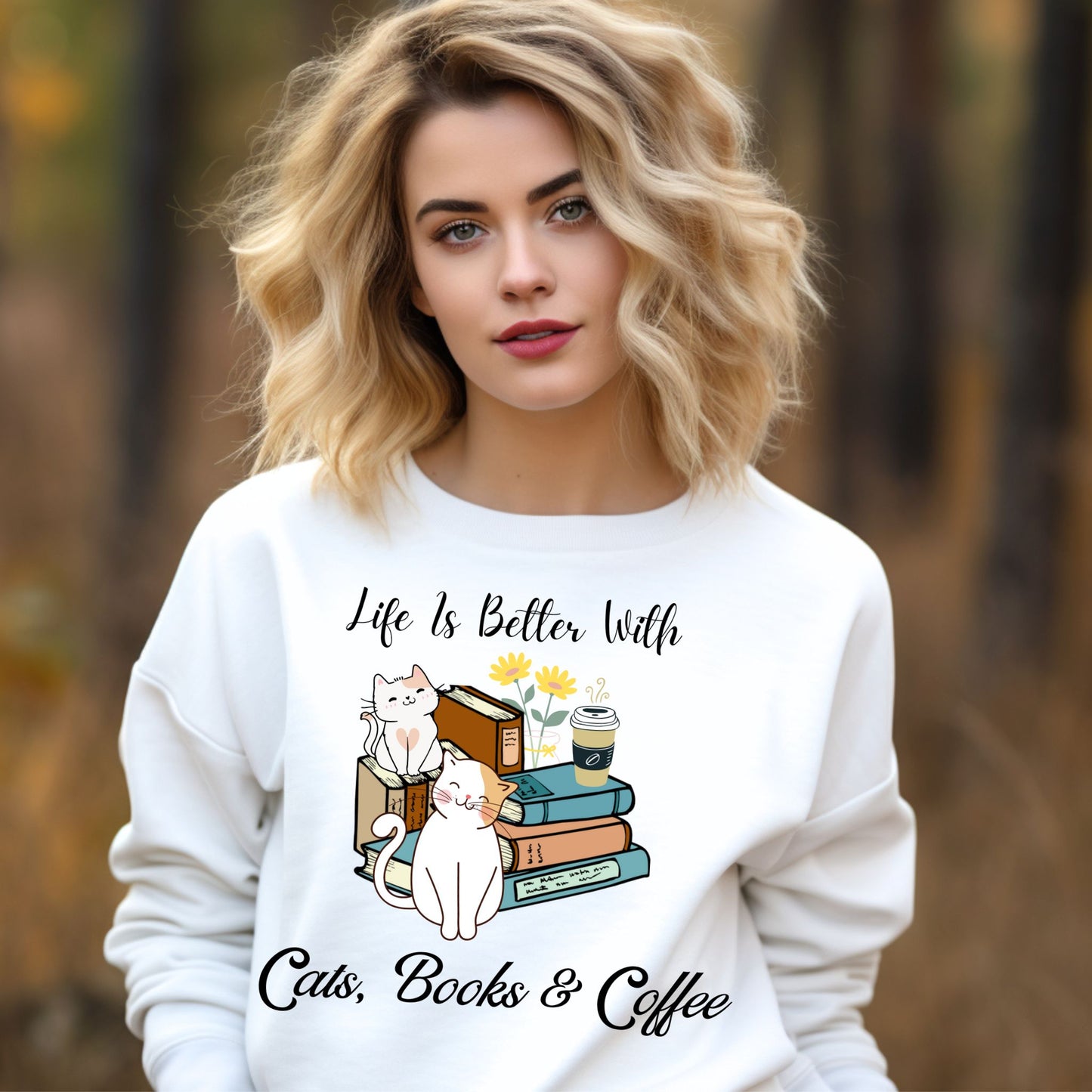 Bookish Sweatshirt Gift For Coffee Lover Book Lover Crewneck Gift For Cat Lover Coffee Sweatshirt