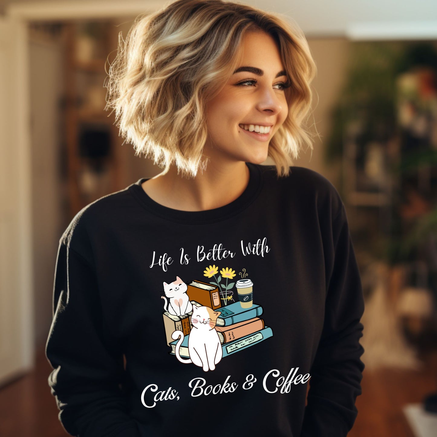 Bookish Sweatshirt Gift For Coffee Lover Book Lover Crewneck Gift For Cat Lover Coffee Sweatshirt