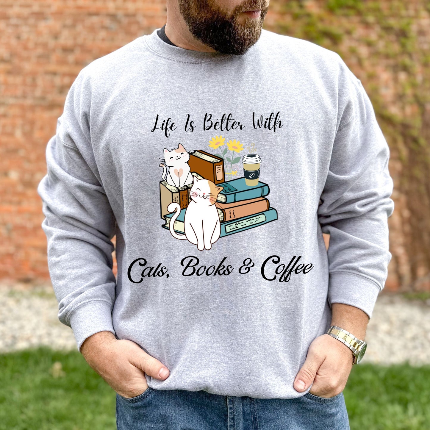 Bookish Sweatshirt Gift For Coffee Lover Book Lover Crewneck Gift For Cat Lover Coffee Sweatshirt