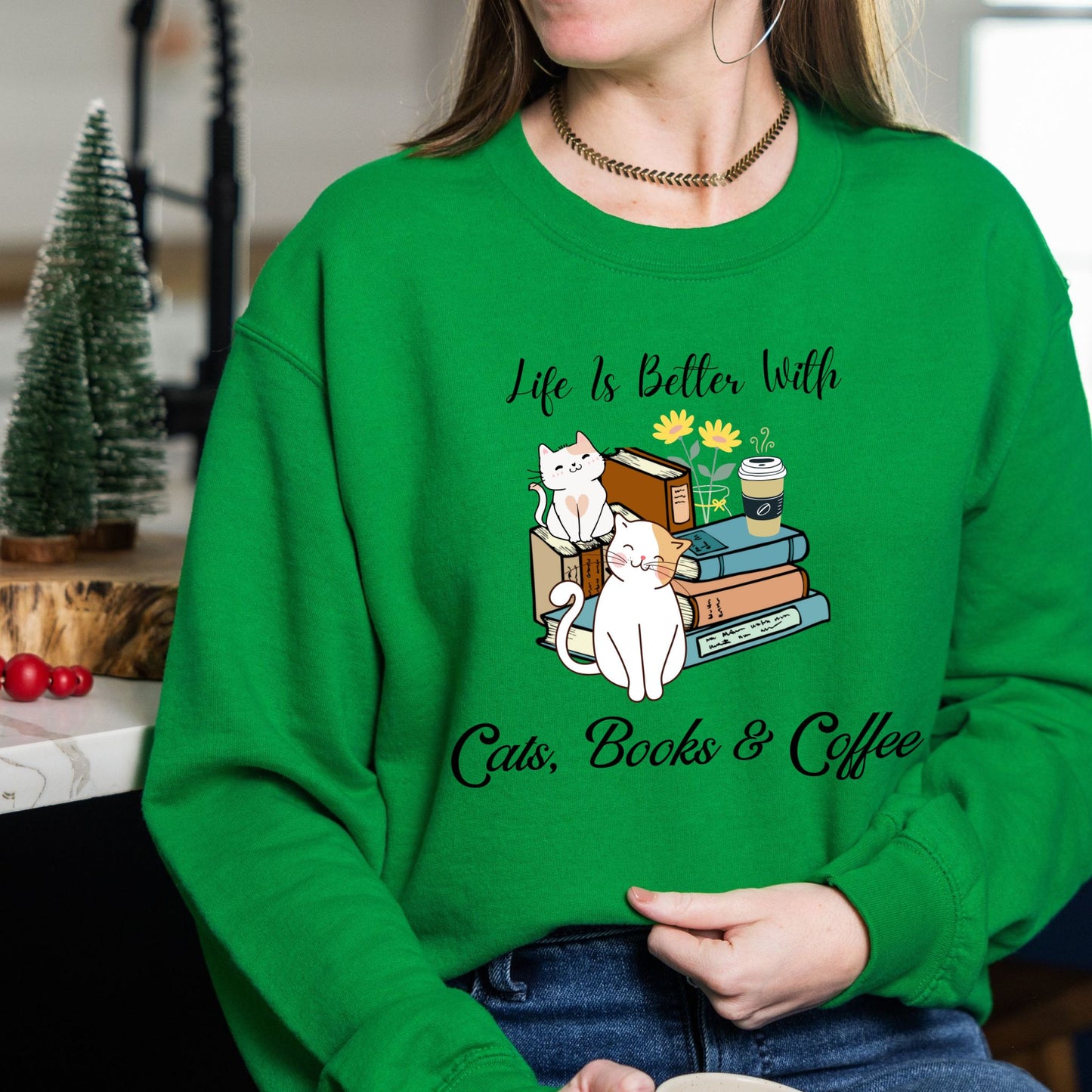 Bookish Sweatshirt Gift For Coffee Lover Book Lover Crewneck Gift For Cat Lover Coffee Sweatshirt