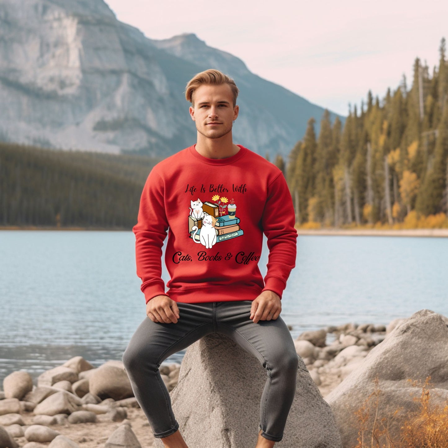 Bookish Sweatshirt Gift For Coffee Lover Book Lover Crewneck Gift For Cat Lover Coffee Sweatshirt