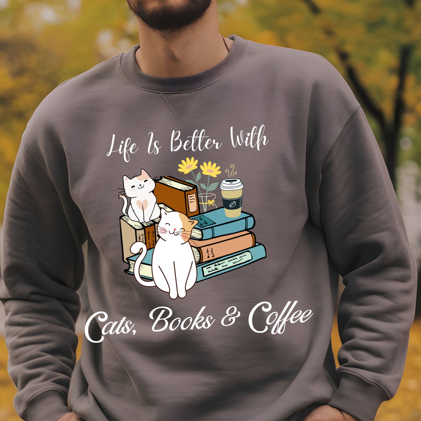 Bookish Sweatshirt Gift For Coffee Lover Book Lover Crewneck Gift For Cat Lover Coffee Sweatshirt