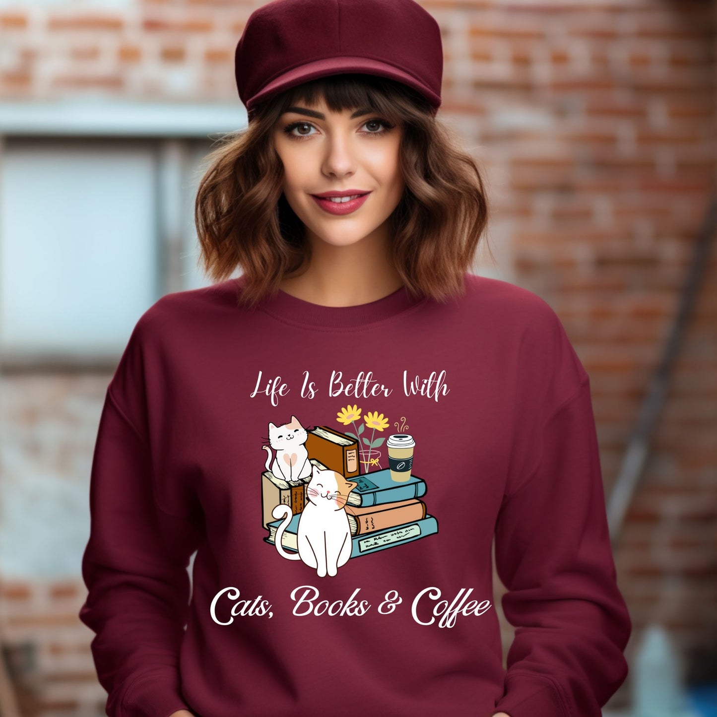Bookish Sweatshirt Gift For Coffee Lover Book Lover Crewneck Gift For Cat Lover Coffee Sweatshirt