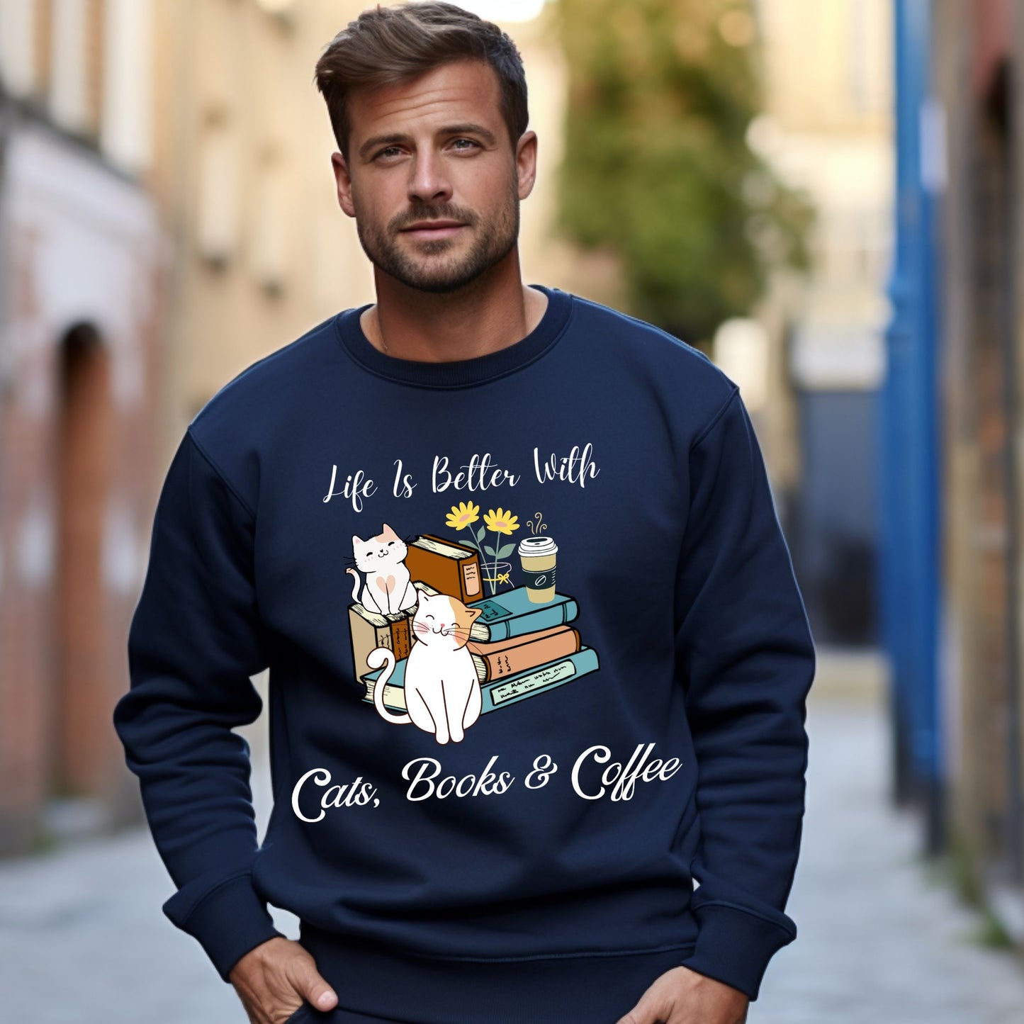 Bookish Sweatshirt Gift For Coffee Lover Book Lover Crewneck Gift For Cat Lover Coffee Sweatshirt