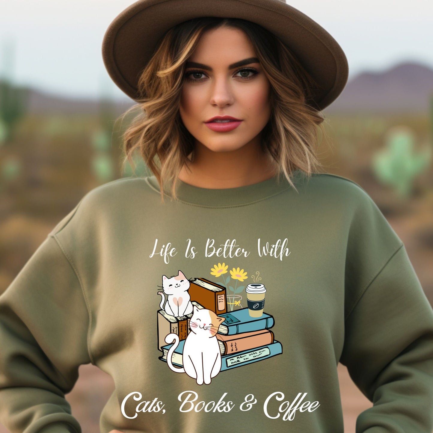 Bookish Sweatshirt Gift For Coffee Lover Book Lover Crewneck Gift For Cat Lover Coffee Sweatshirt