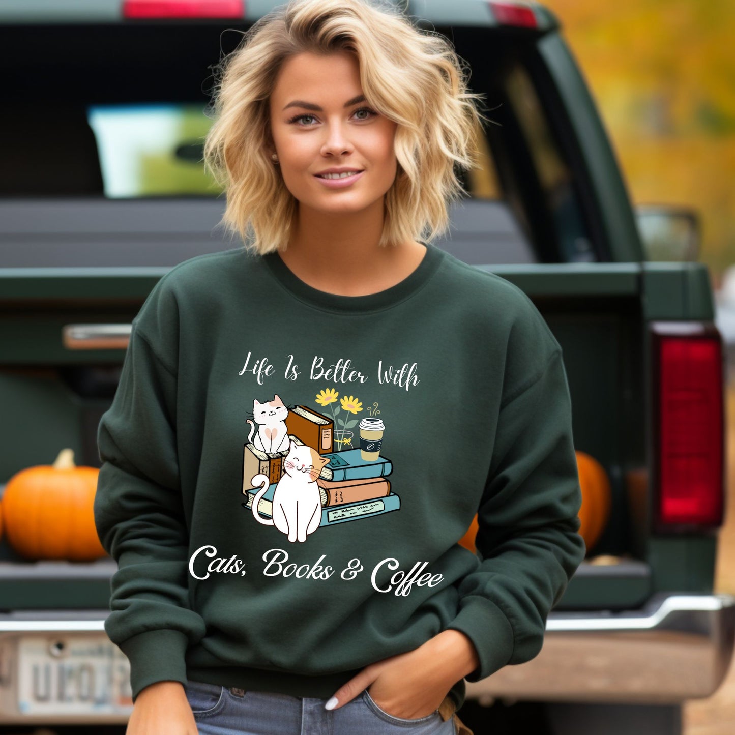 Bookish Sweatshirt Gift For Coffee Lover Book Lover Crewneck Gift For Cat Lover Coffee Sweatshirt