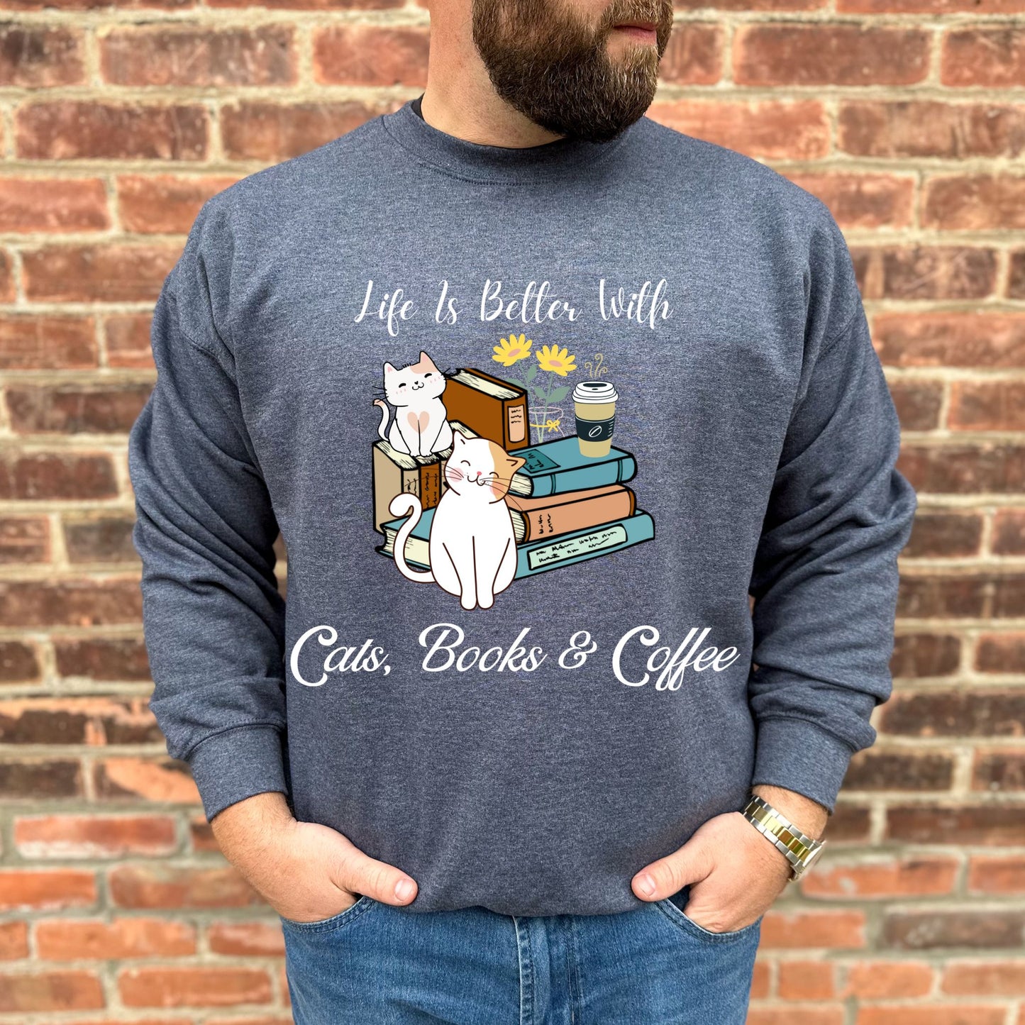 Bookish Sweatshirt Gift For Coffee Lover Book Lover Crewneck Gift For Cat Lover Coffee Sweatshirt