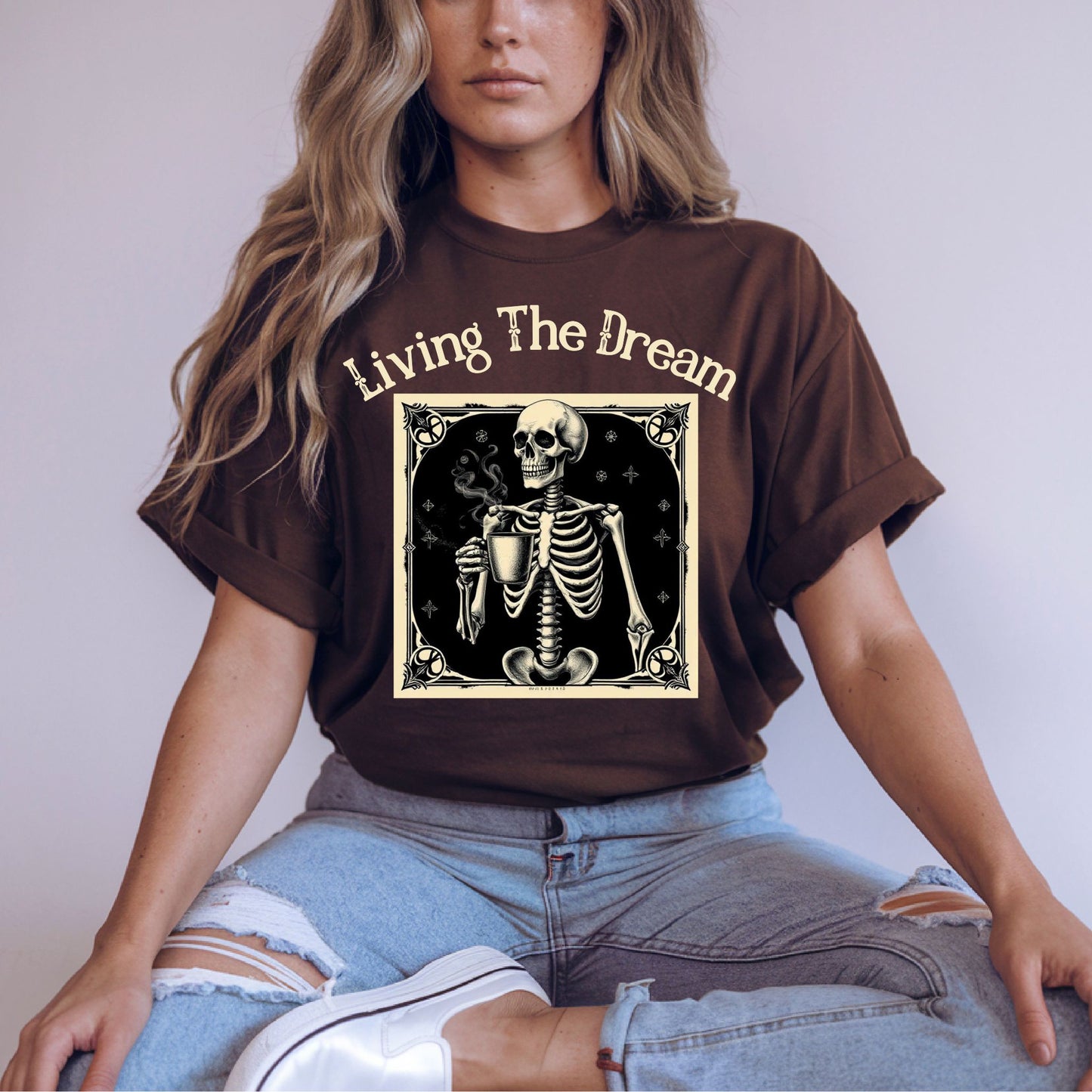 Skeleton Coffee Lover T-Shirt Vintage Goth Style, “Death Before Decaf”