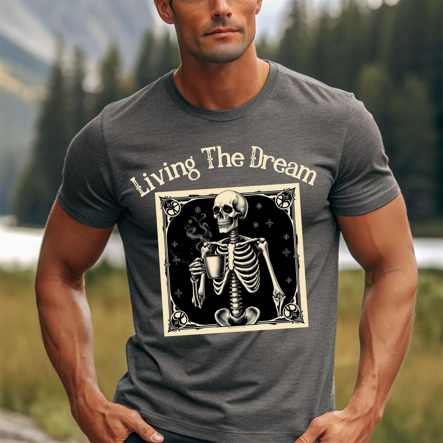 Skeleton Coffee Lover T-Shirt Vintage Goth Style, “Death Before Decaf”