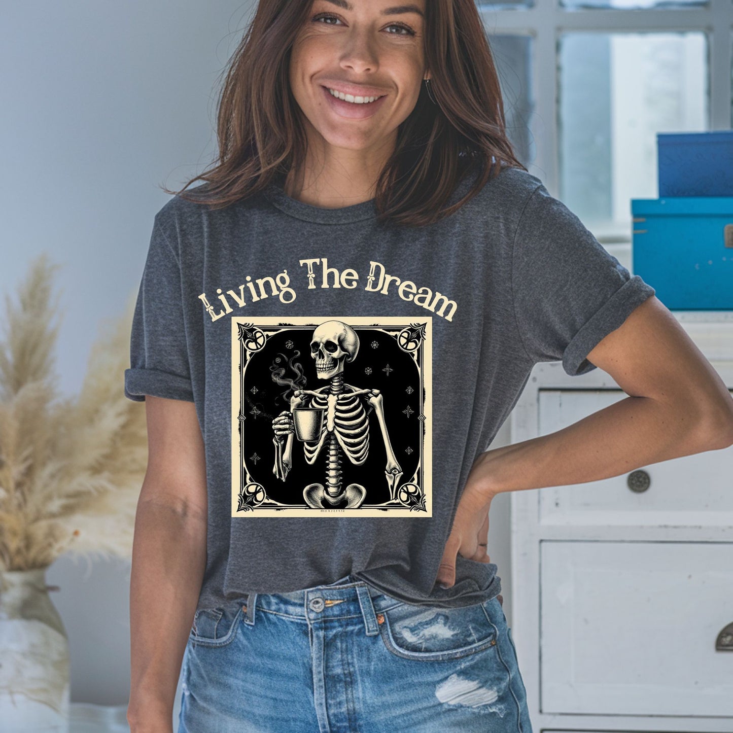 Skeleton Coffee Lover T-Shirt Vintage Goth Style, “Death Before Decaf”