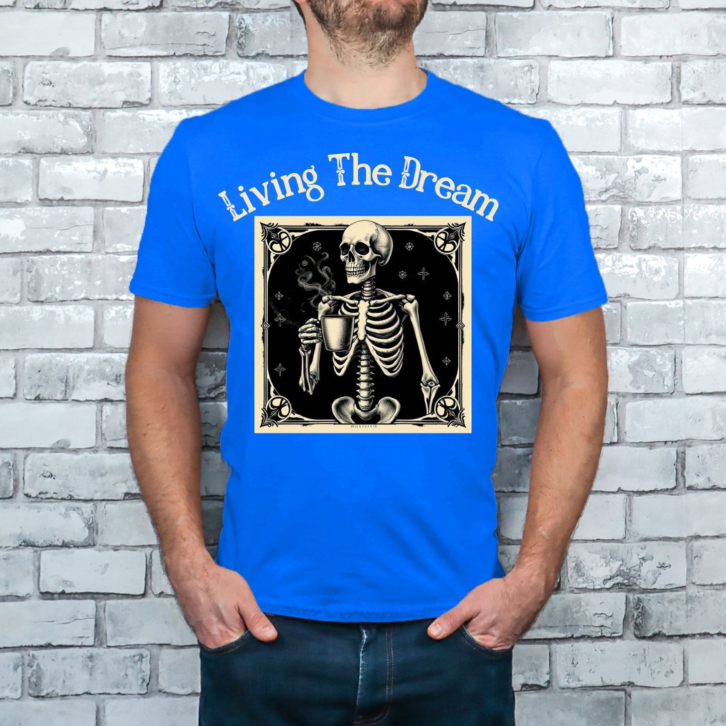 Skeleton Coffee Lover T-Shirt Vintage Goth Style, “Death Before Decaf”