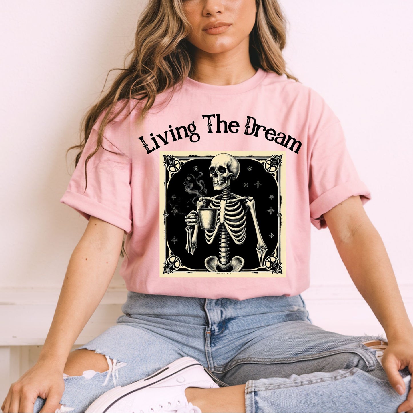 Skeleton Coffee Lover T-Shirt Vintage Goth Style, “Death Before Decaf”