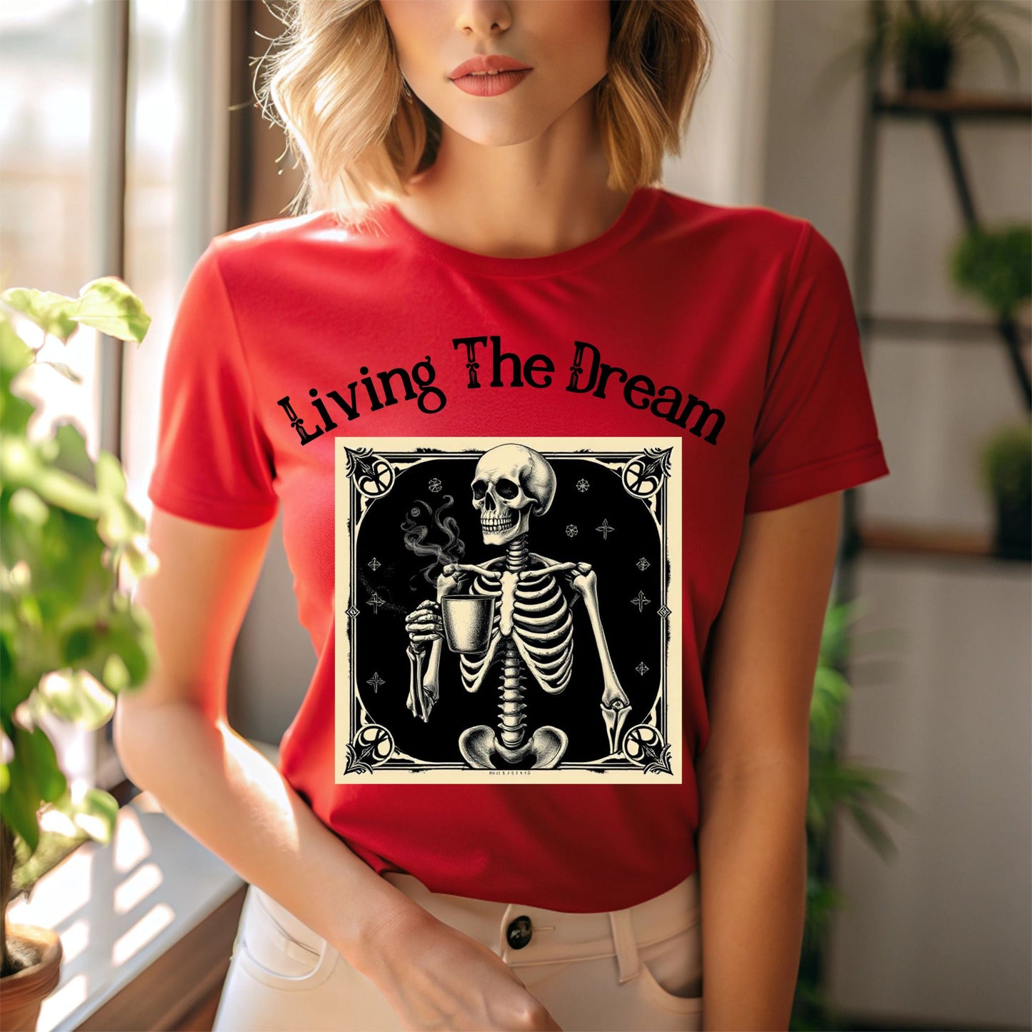 Skeleton Coffee Lover T-Shirt Vintage Goth Style, “Death Before Decaf”