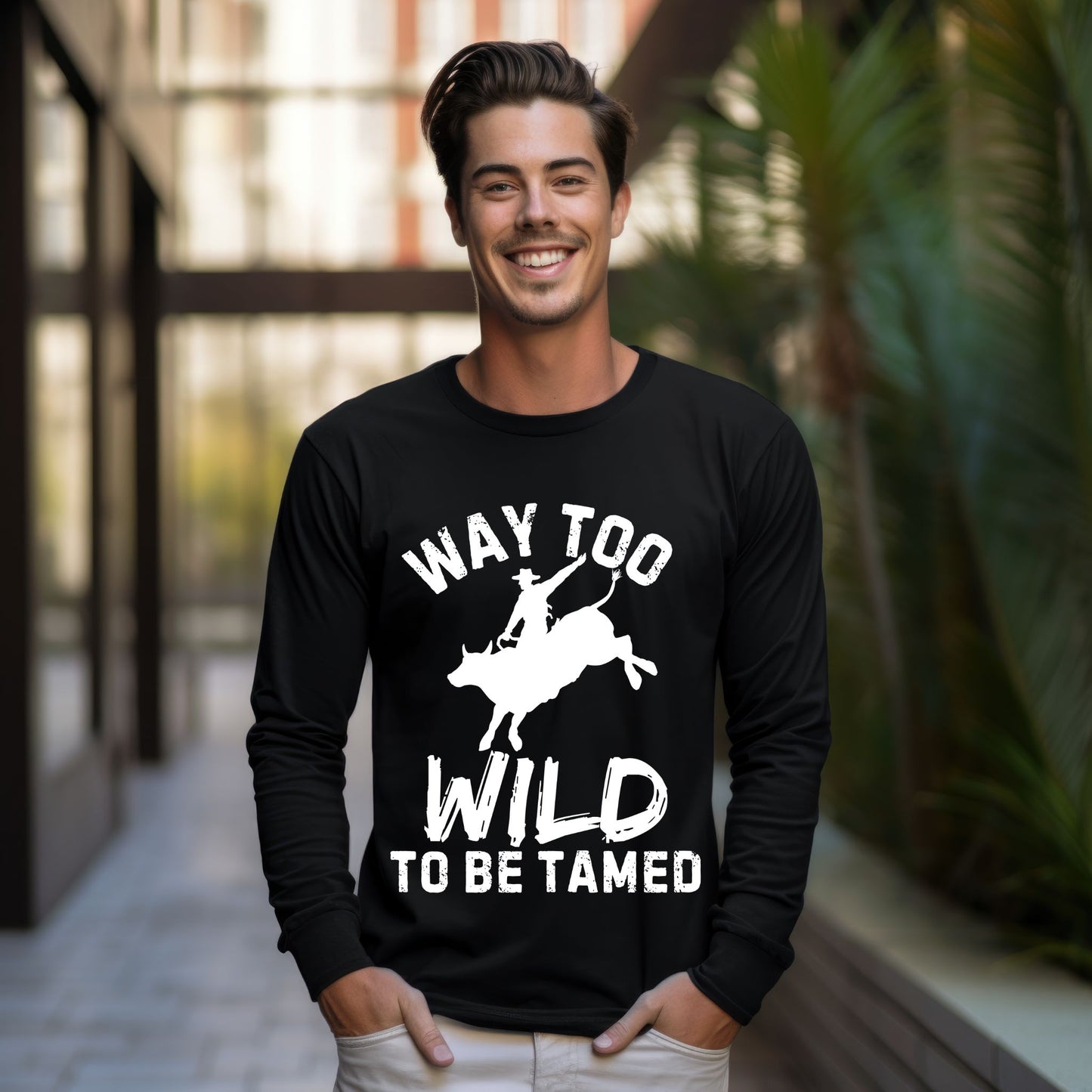 Way Too Wild To Be Tamed Rodeo-Inspired T-Shirt Western Cowboy Graphic Tee Long Sleeve Tee