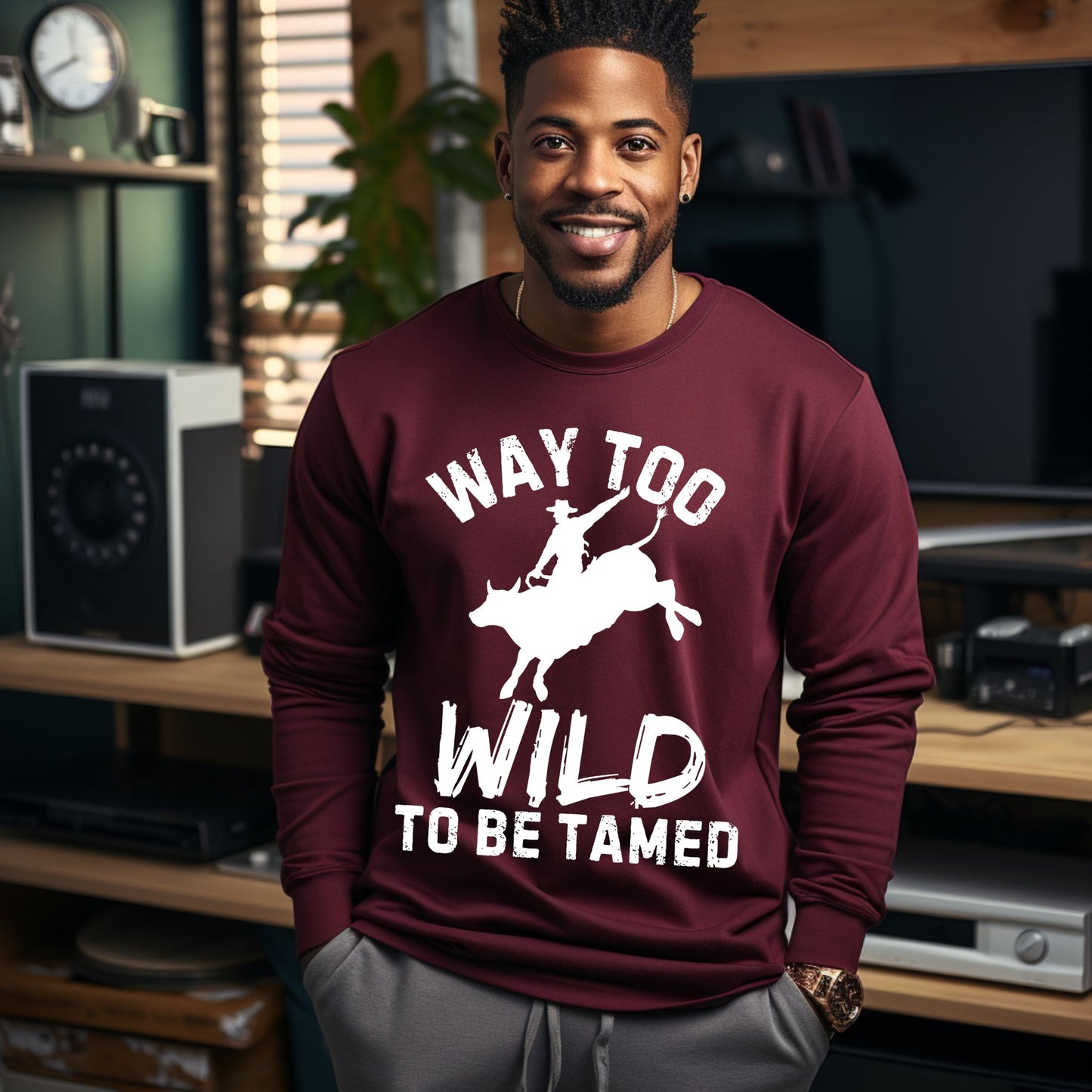 Way Too Wild To Be Tamed Rodeo-Inspired T-Shirt Western Cowboy Graphic Tee Long Sleeve Tee