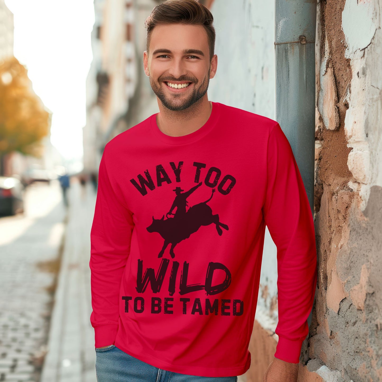 Way Too Wild To Be Tamed Rodeo-Inspired T-Shirt Western Cowboy Graphic Tee Long Sleeve Tee