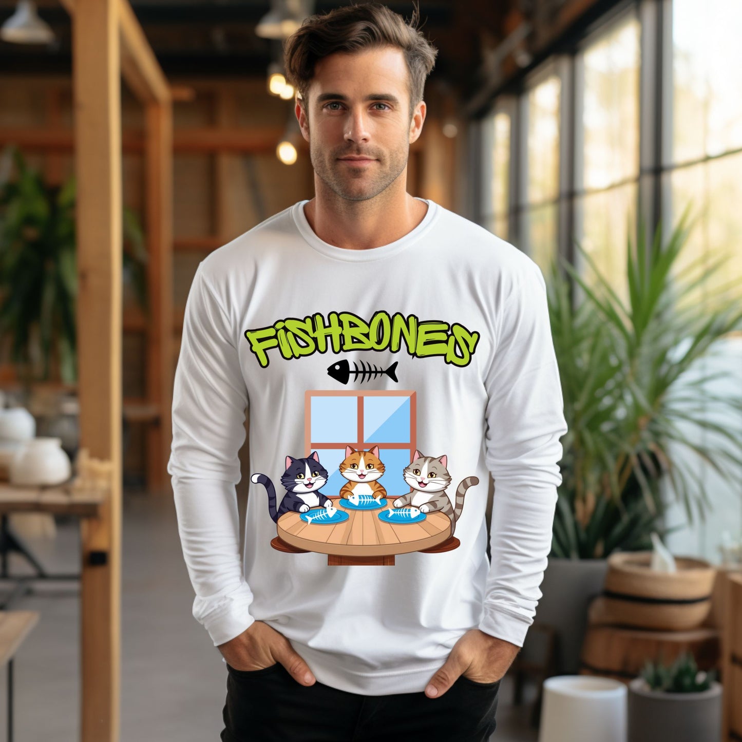 Fishbones Cat Diner T-Shirt Fun Graphic Tee for Cat Lovers & Foodies Long Sleeve Tee