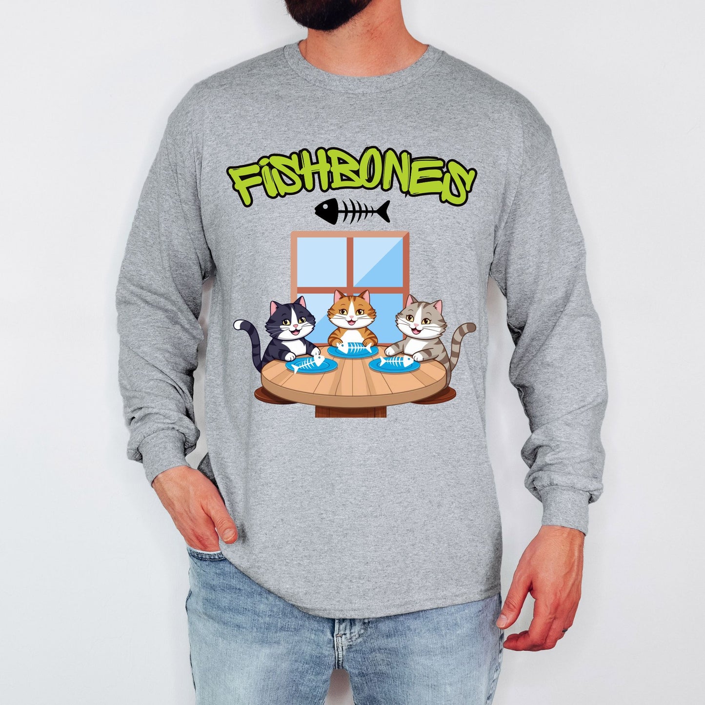 Fishbones Cat Diner T-Shirt Fun Graphic Tee for Cat Lovers & Foodies Long Sleeve Tee