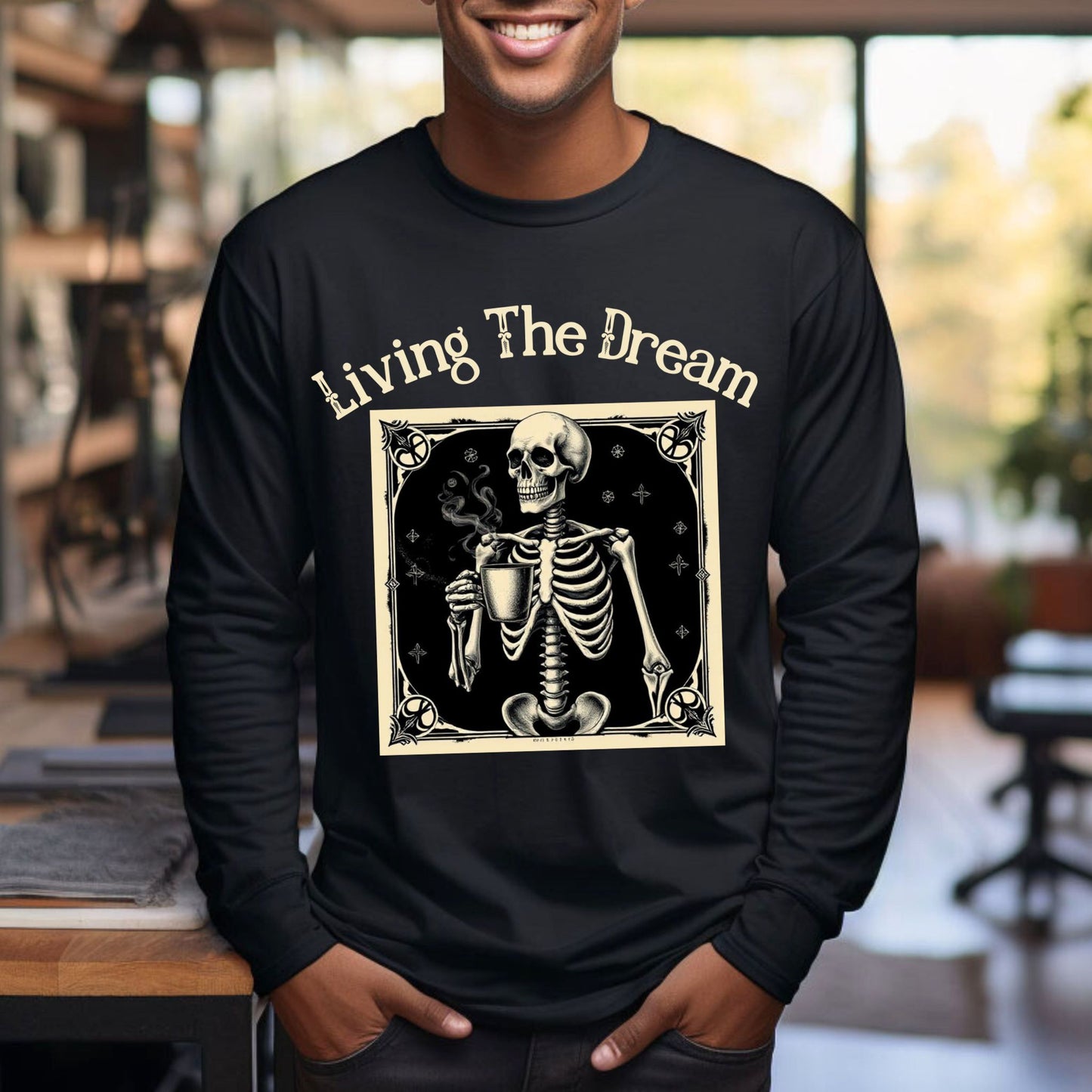 Skeleton Coffee Lover T-Shirt Vintage Goth Style, “Death Before Decaf” Long Sleeve Tee