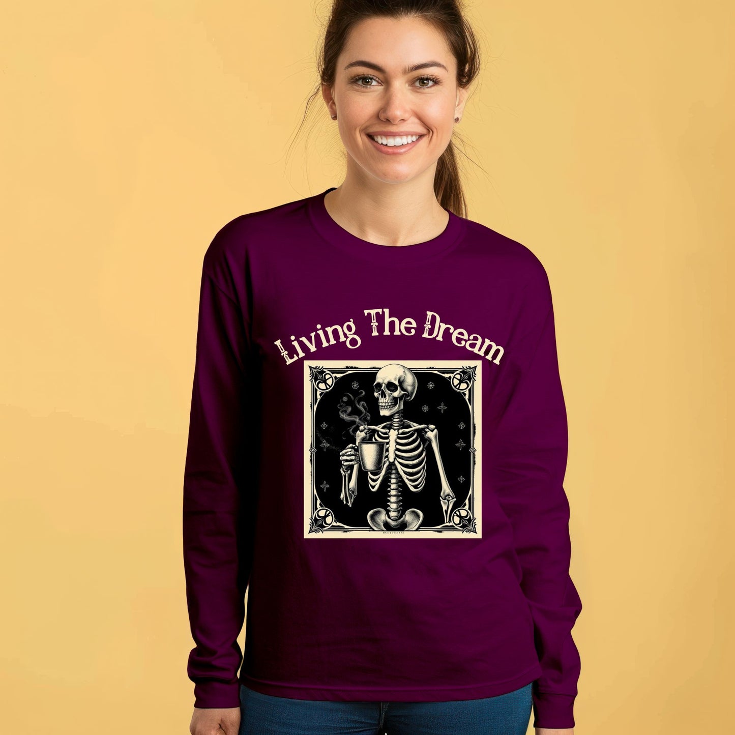 Skeleton Coffee Lover T-Shirt Vintage Goth Style, “Death Before Decaf” Long Sleeve Tee