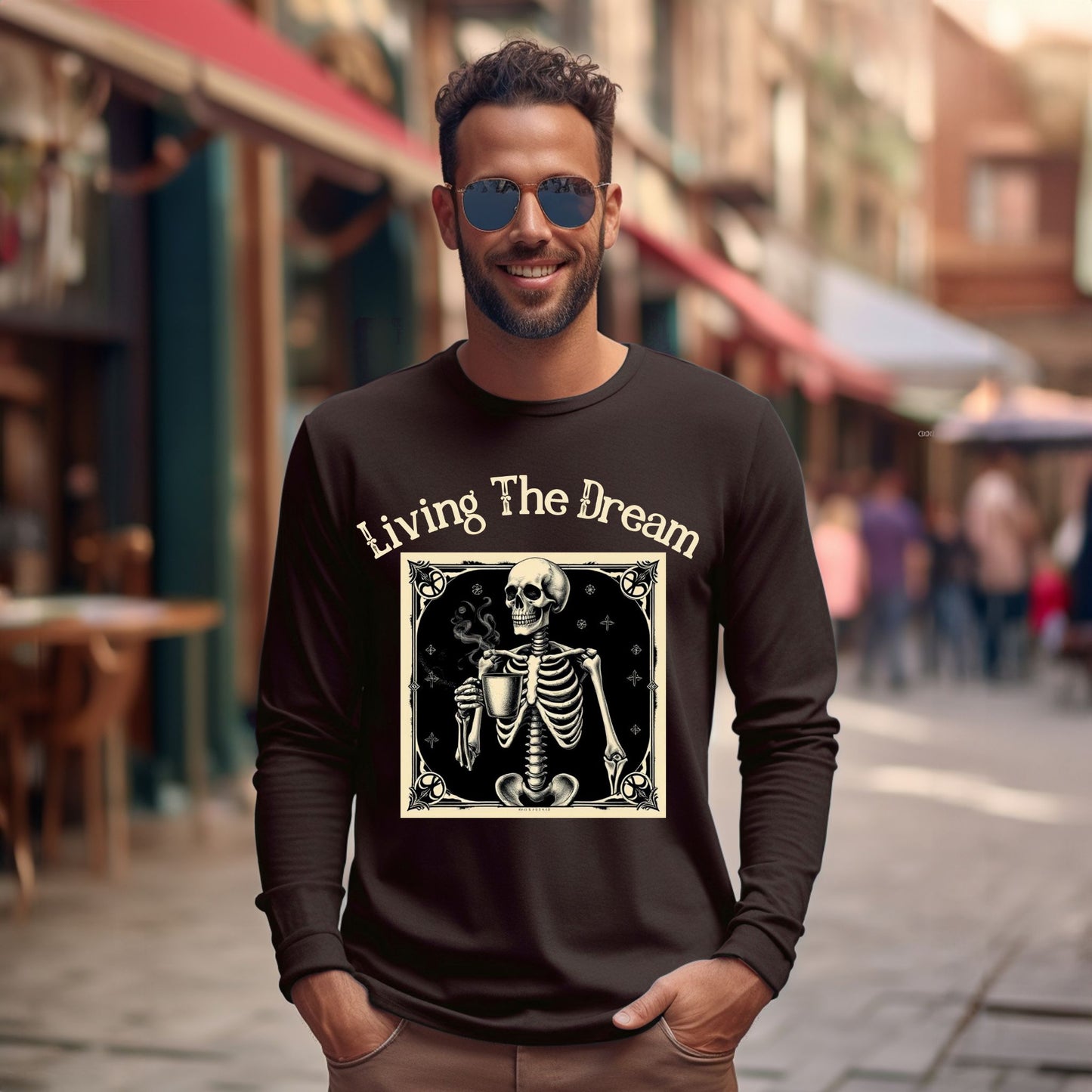 Skeleton Coffee Lover T-Shirt Vintage Goth Style, “Death Before Decaf” Long Sleeve Tee