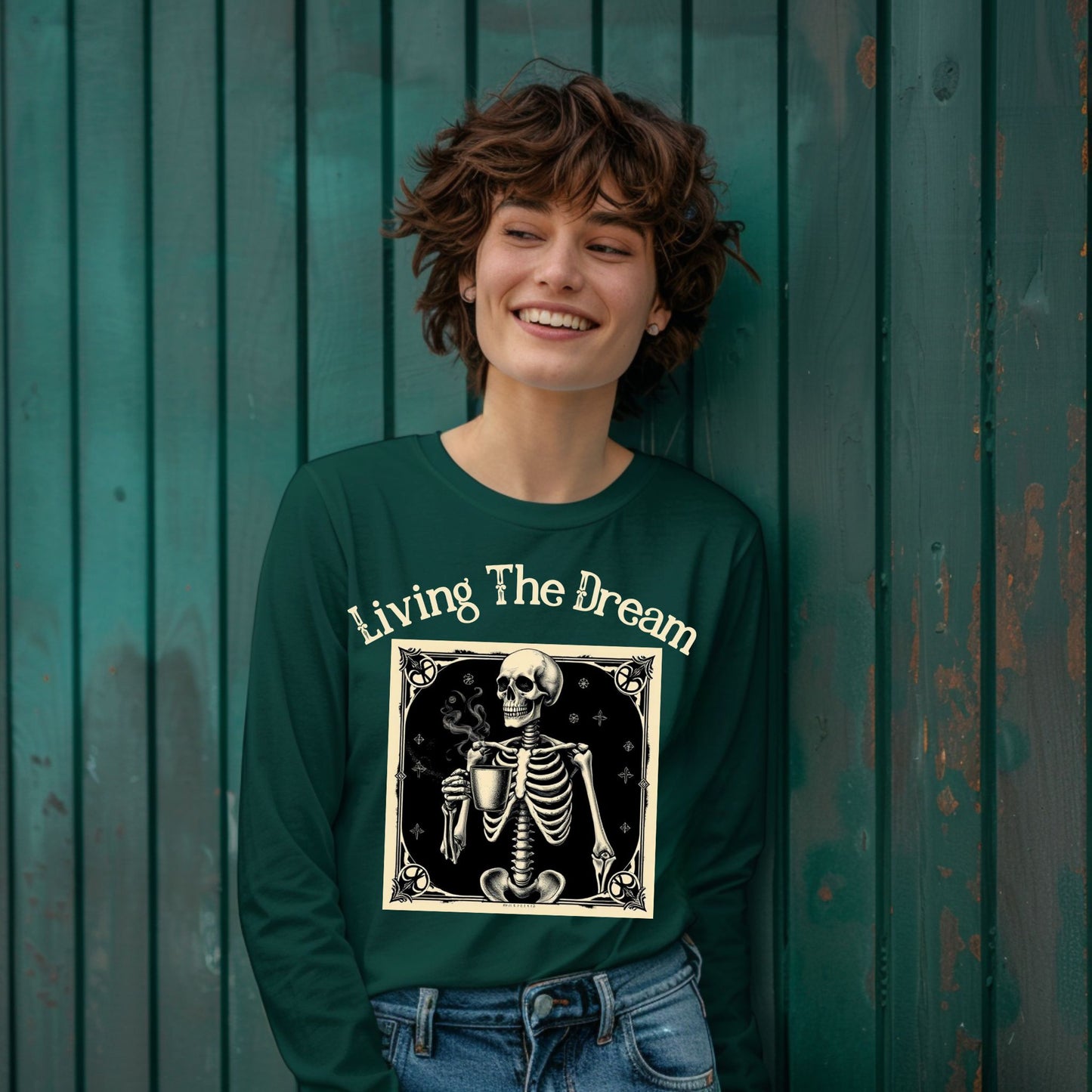 Skeleton Coffee Lover T-Shirt Vintage Goth Style, “Death Before Decaf” Long Sleeve Tee