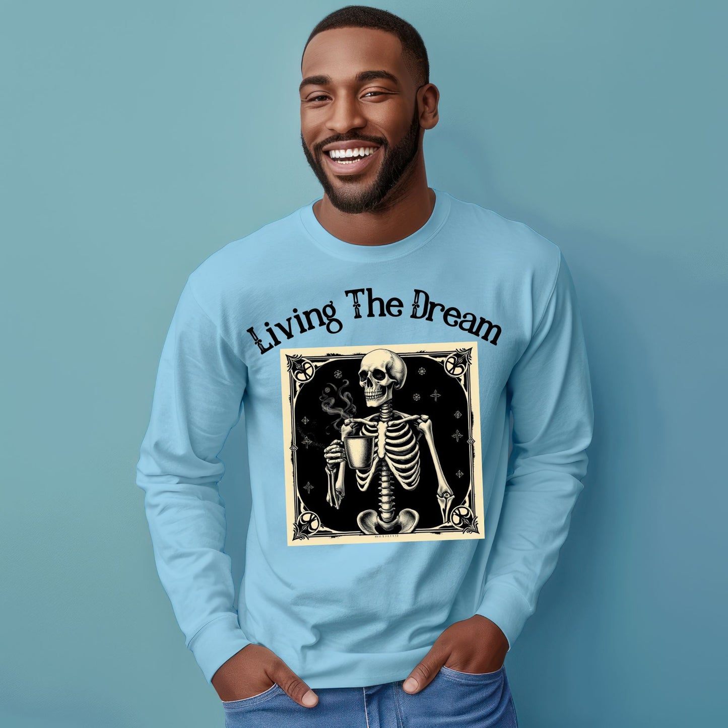 Skeleton Coffee Lover T-Shirt Vintage Goth Style, “Death Before Decaf” Long Sleeve Tee