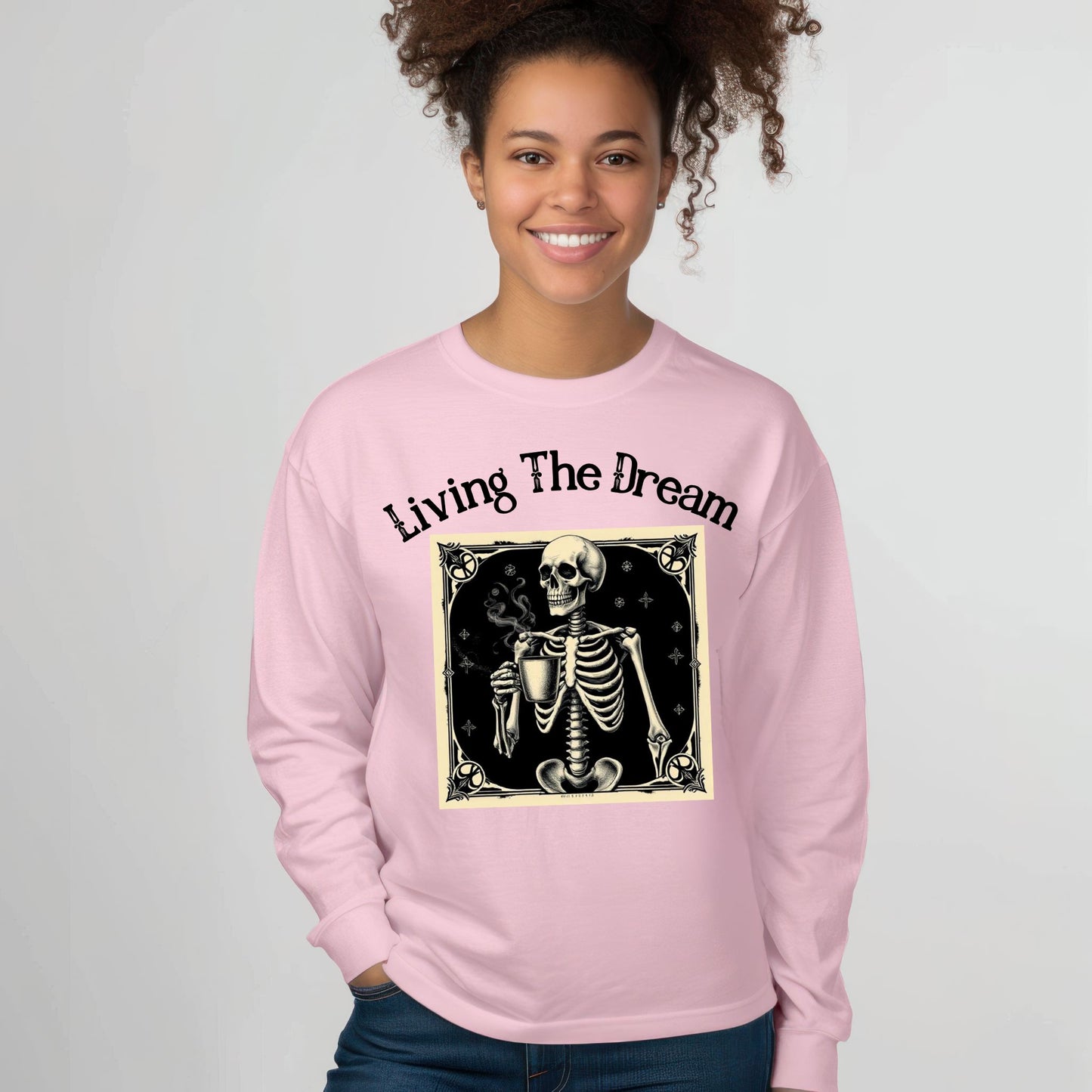 Skeleton Coffee Lover T-Shirt Vintage Goth Style, “Death Before Decaf” Long Sleeve Tee