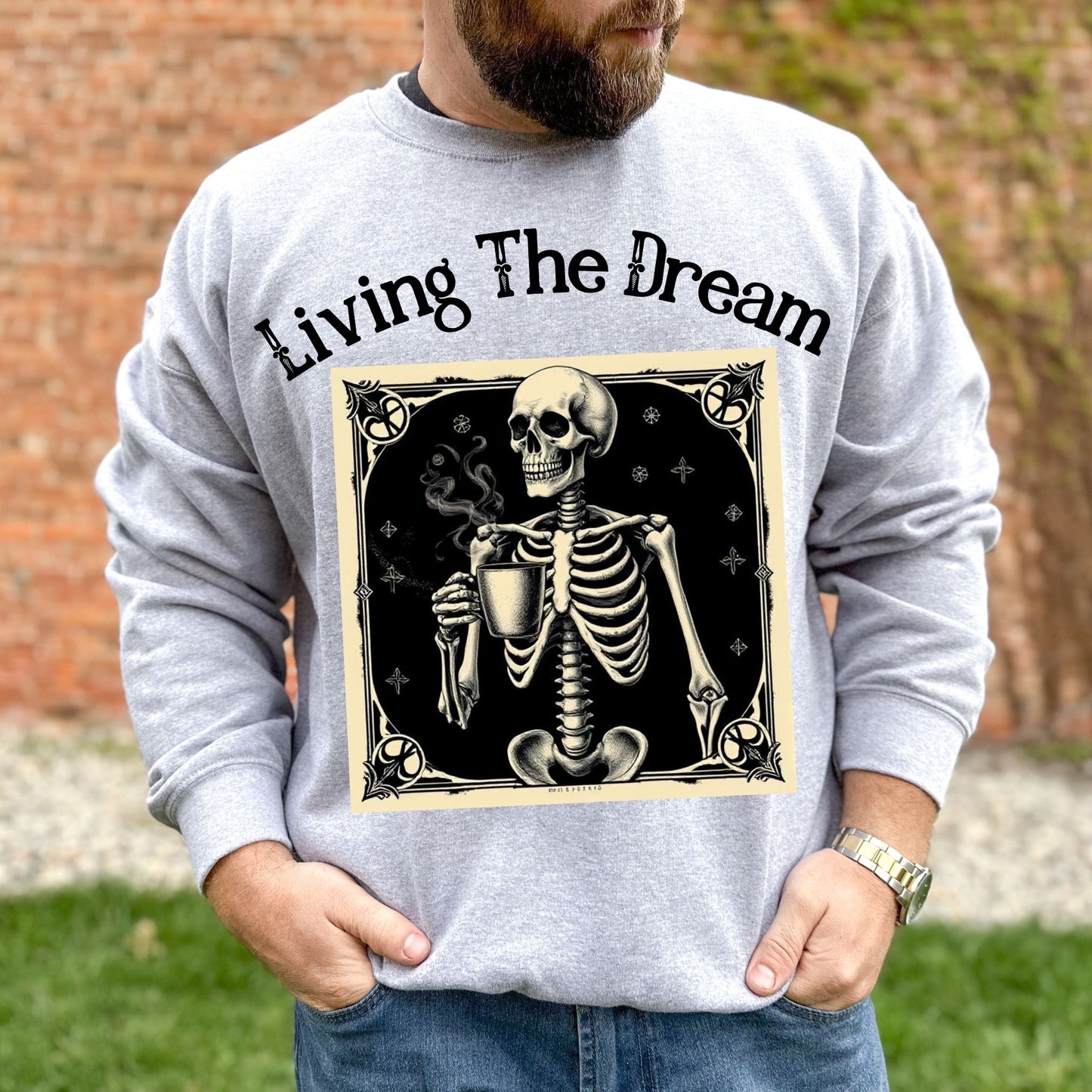 Skeleton Coffee Lover Sweatshirt Vintage Goth Style, “Death Before Decaf” Shirt