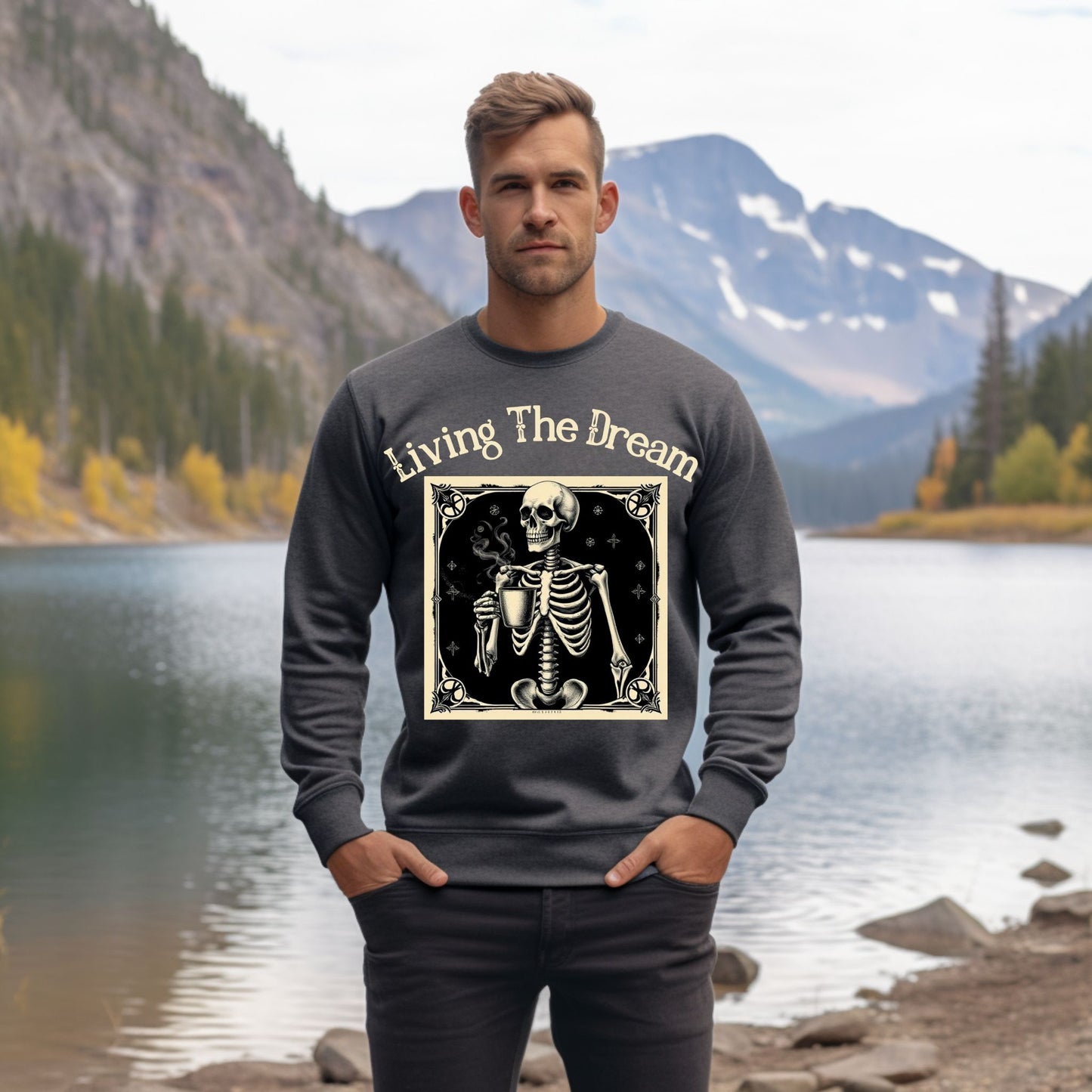 Skeleton Coffee Lover Sweatshirt Vintage Goth Style, “Death Before Decaf” Shirt