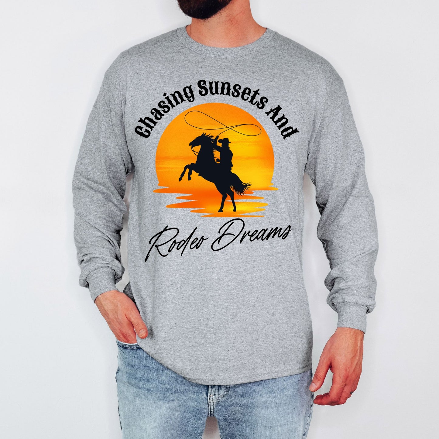 Chasing Sunsets and Rodeo Dreams T-Shirt, Western Apparel, Country Music Shirt, Cowboy Gift, Summer Outfit Long Sleeve Tee