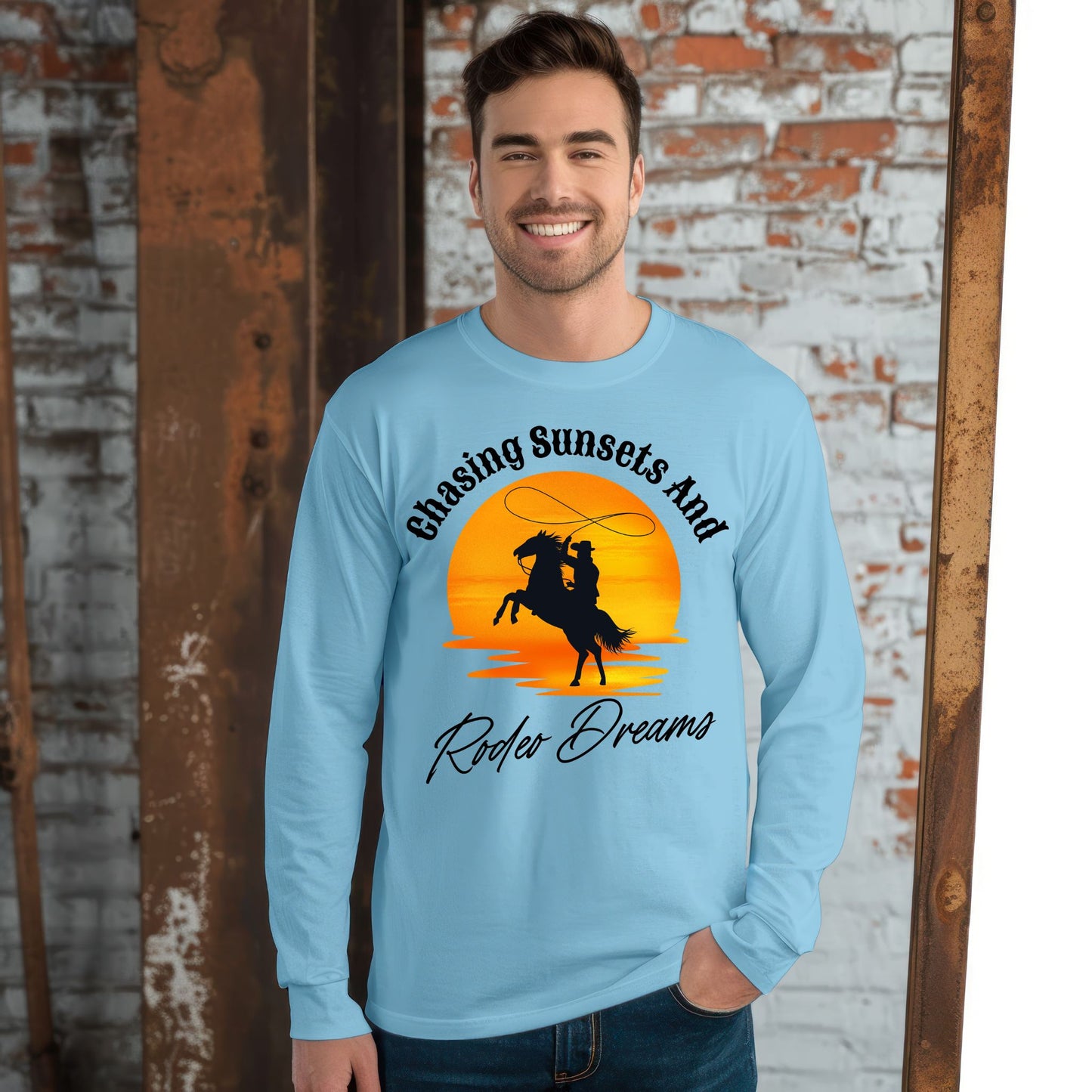 Chasing Sunsets and Rodeo Dreams T-Shirt, Western Apparel, Country Music Shirt, Cowboy Gift, Summer Outfit Long Sleeve Tee