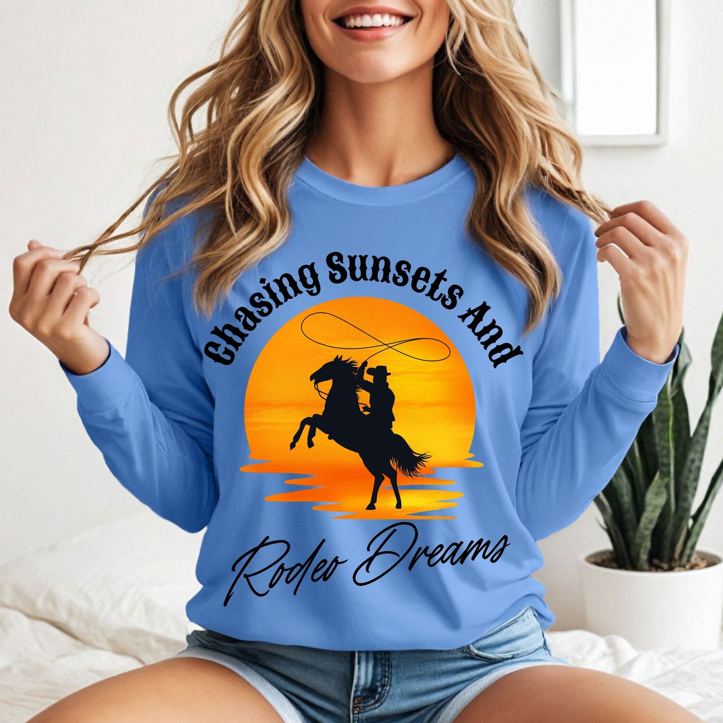 Chasing Sunsets and Rodeo Dreams T-Shirt, Western Apparel, Country Music Shirt, Cowboy Gift, Summer Outfit Long Sleeve Tee