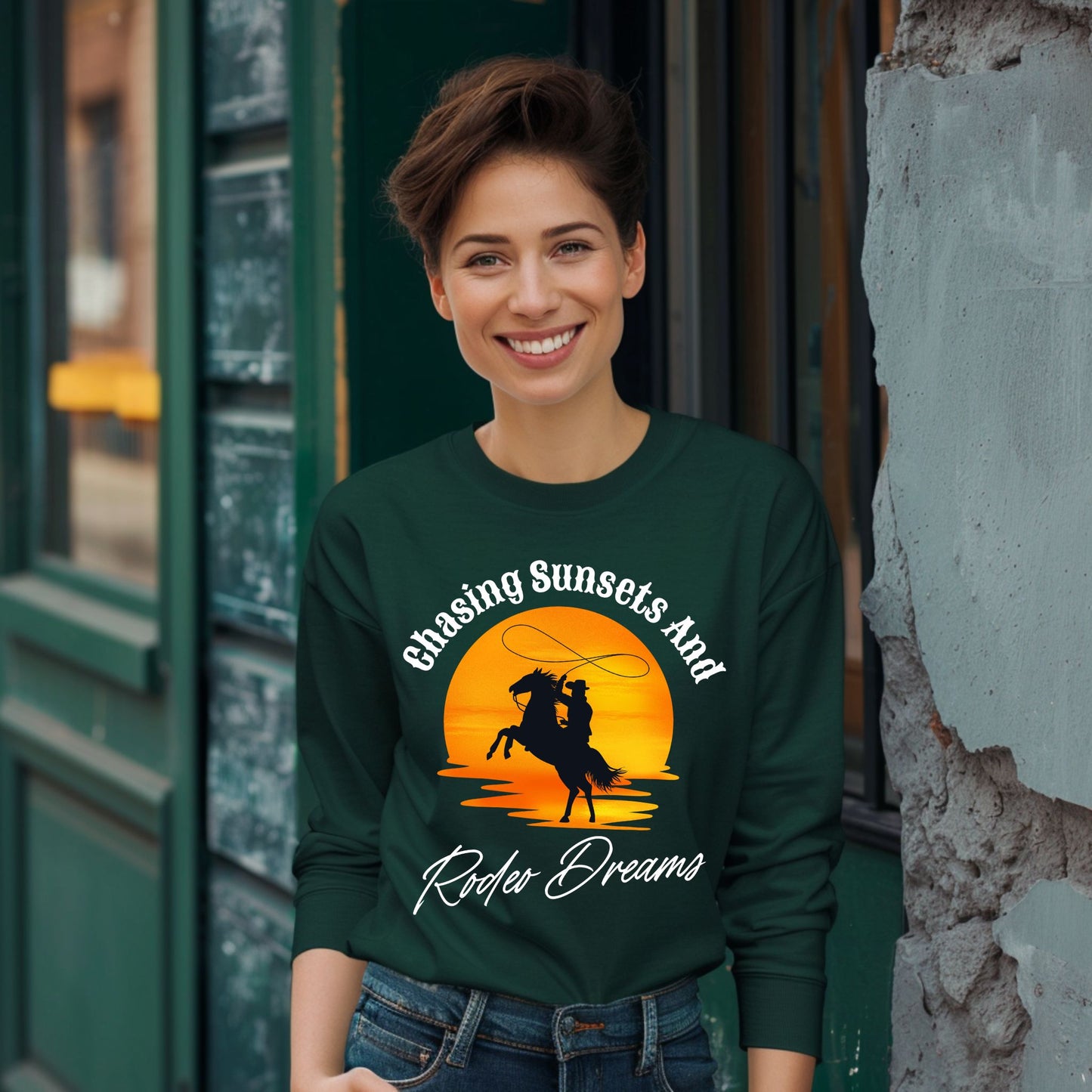 Chasing Sunsets and Rodeo Dreams T-Shirt, Western Apparel, Country Music Shirt, Cowboy Gift, Summer Outfit Long Sleeve Tee